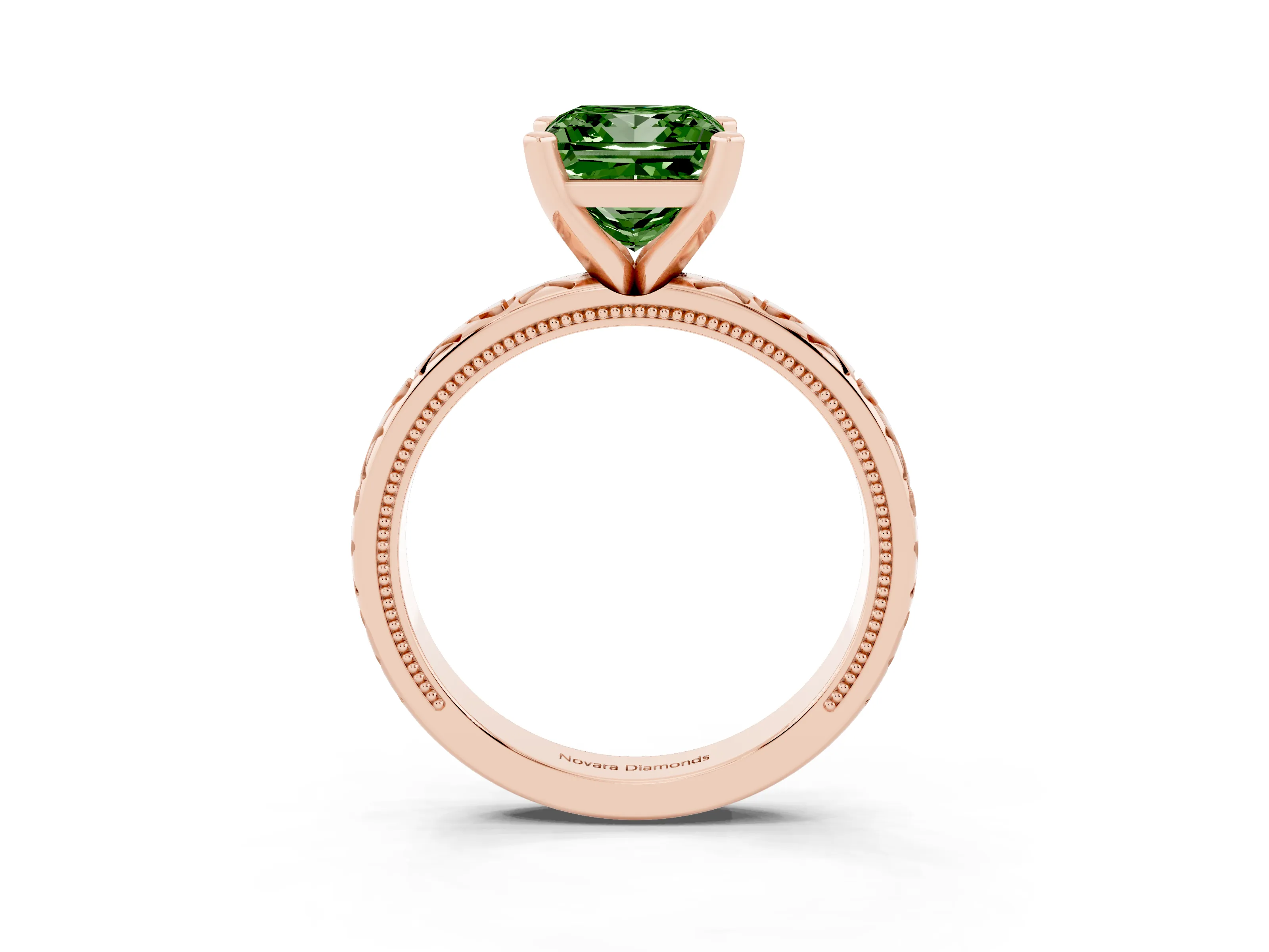 Fancy Green Princess Cut Diamond Solitaire Engagement Ring Set in Rose gold with XO Engraved Band and Prong Setting