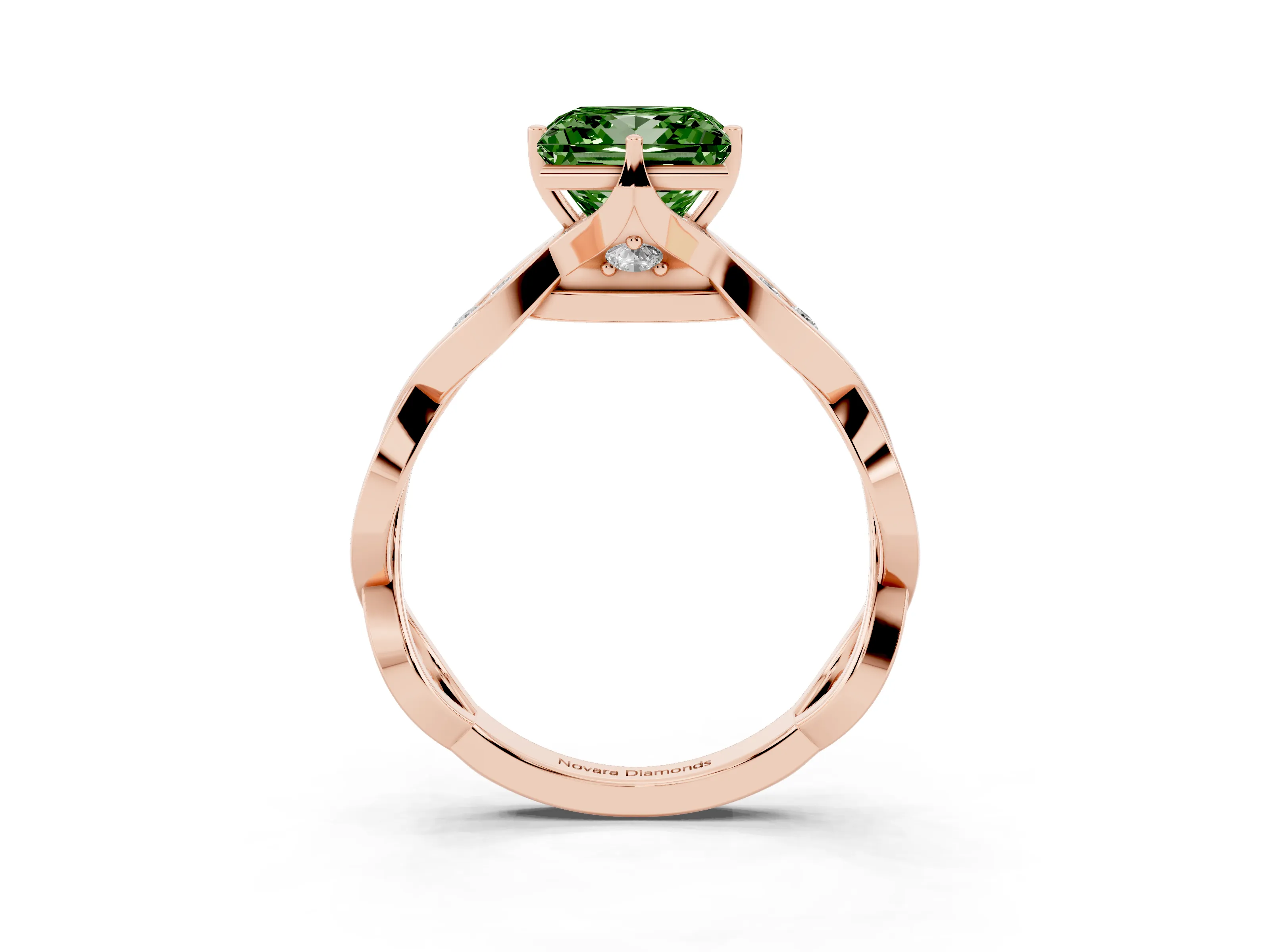 Fancy Green Princess Cut Diamond Twist Band Solitaire Ring Set in Rose gold with Leaf Prong Setting and Accent Stones