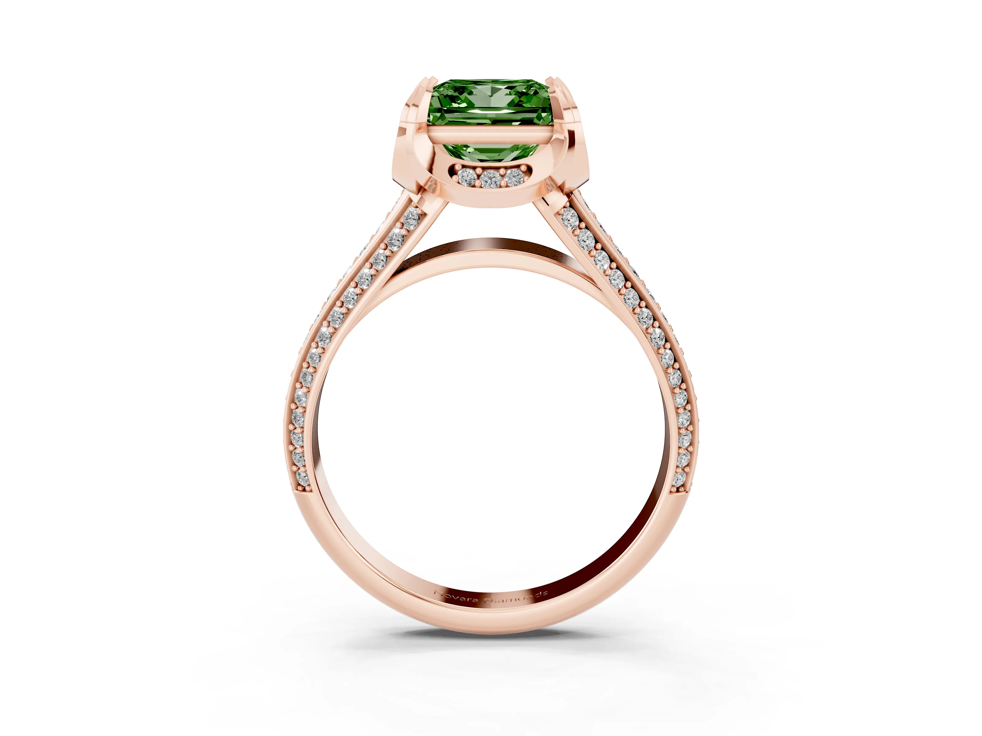 Fancy Green Princess Cut Diamond Pavé Split Shank Solitaire Ring Set in Rose gold with Prong Setting