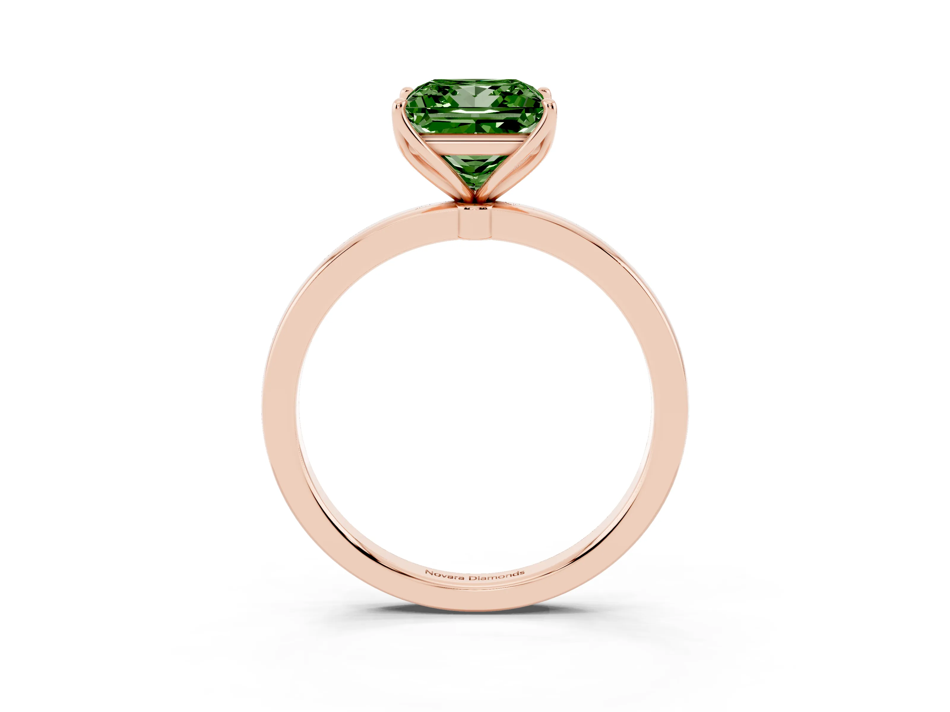 Fancy Green Princess Cut Diamond Solitaire Ring Set in Rose gold with Prong Setting and Thin Polished Band