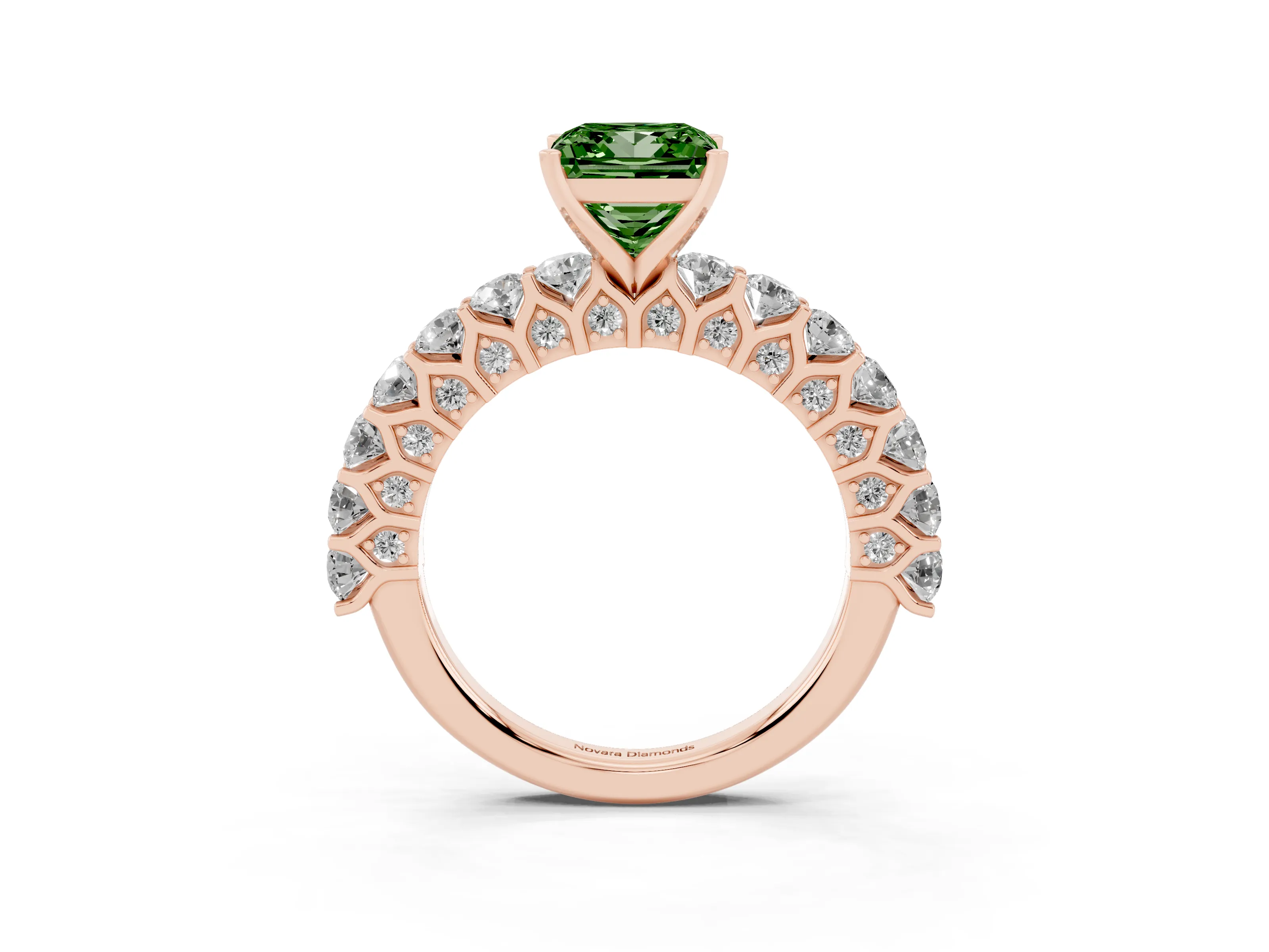 Fancy Green Princess Cut Diamond Solitaire Ring Set in Rose gold with Shared Prong Pavé Band