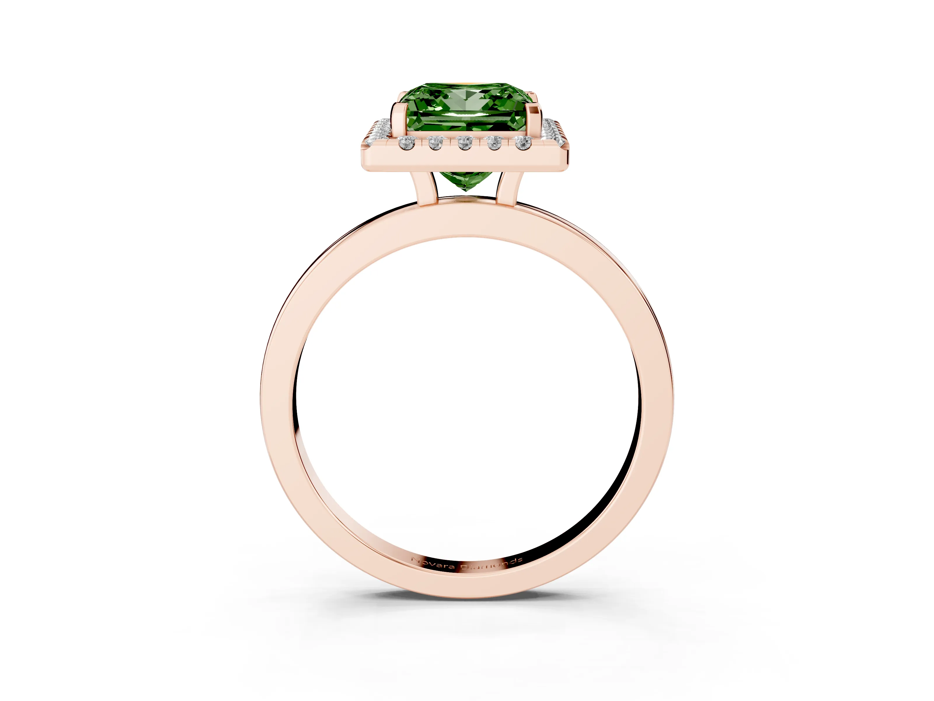 Fancy Green Princess Cut Diamond Halo Solitaire Ring Set in Rose gold with Pavé Band and Prong Setting