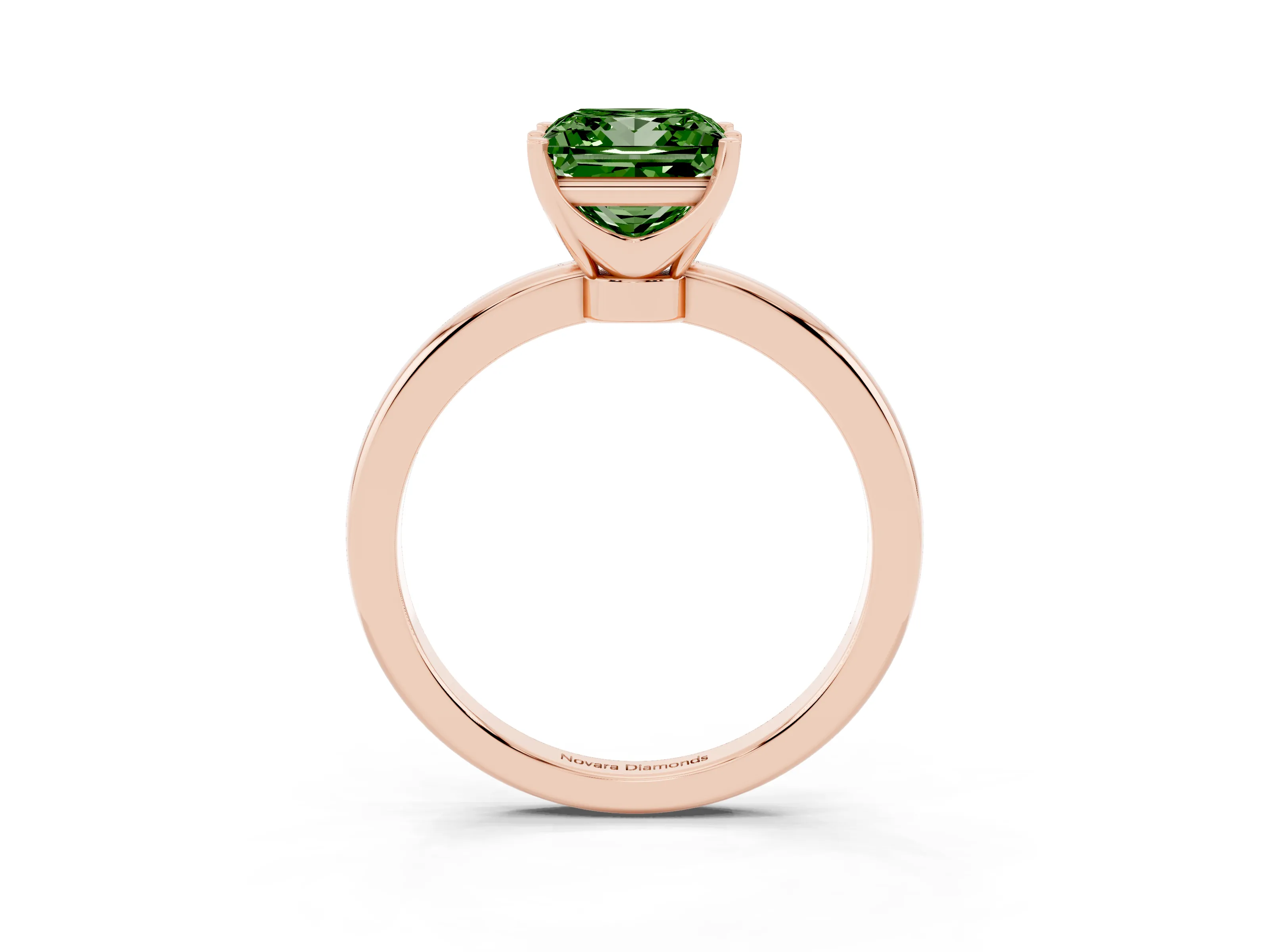 Fancy Green Princess Cut Diamond Solitaire Ring Set in Rose gold with Raised Prong Setting on a Classic Band