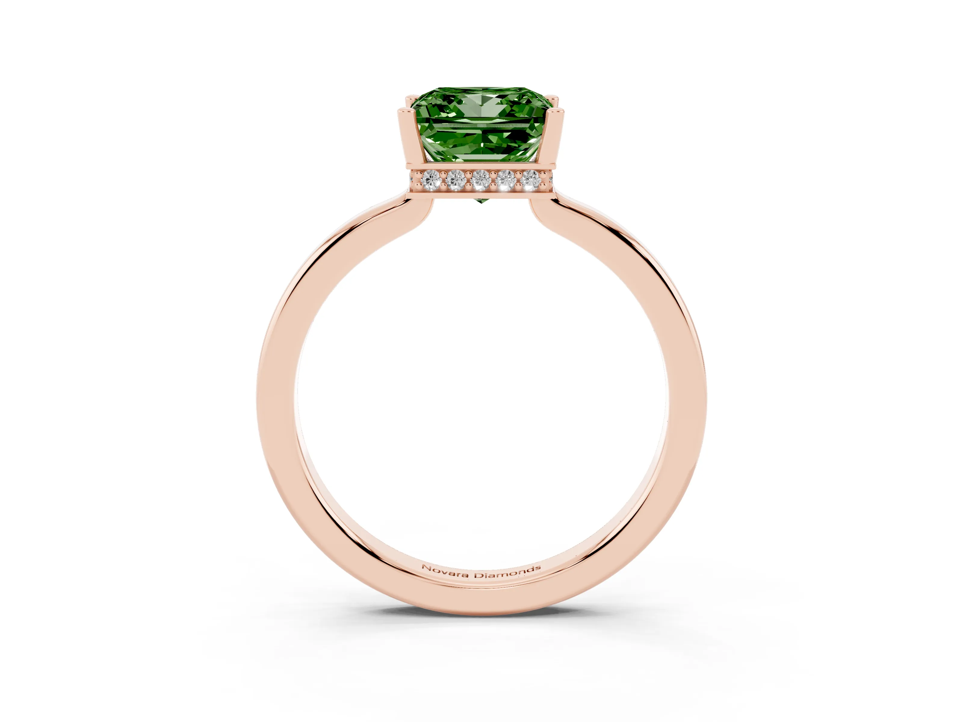 Fancy Green Princess Cut Diamond Solitaire Engagement Ring Set in Rose gold with Prong Setting on a Plain Band