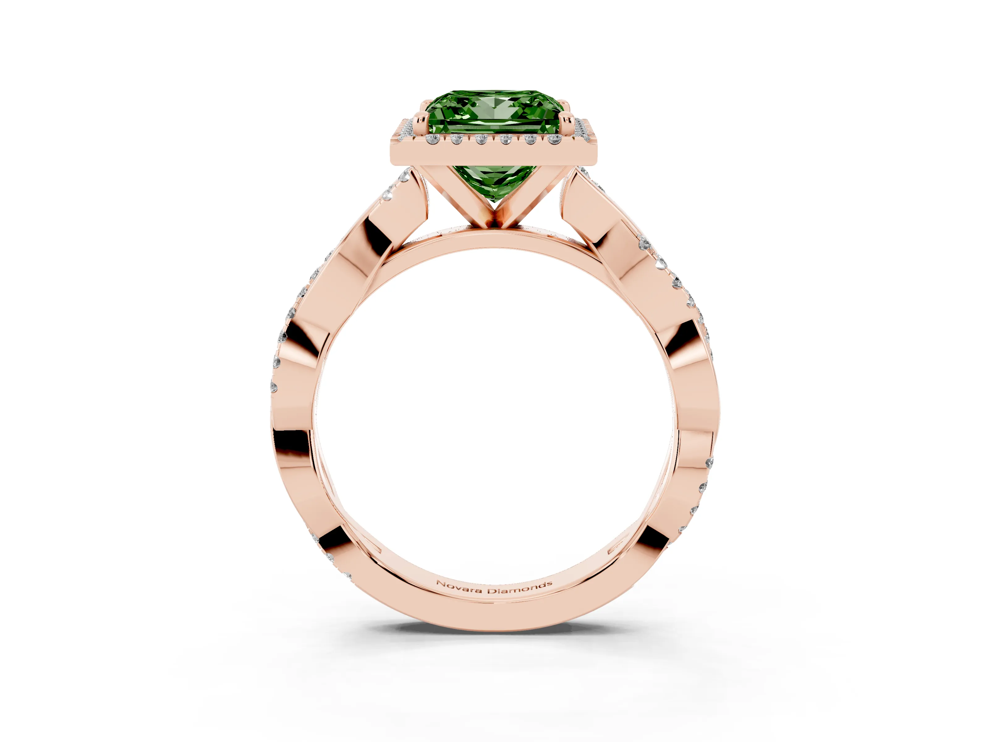 Fancy Green Princess Cut Diamond Halo Twisted Band Ring Set in Rose gold with Prong Setting