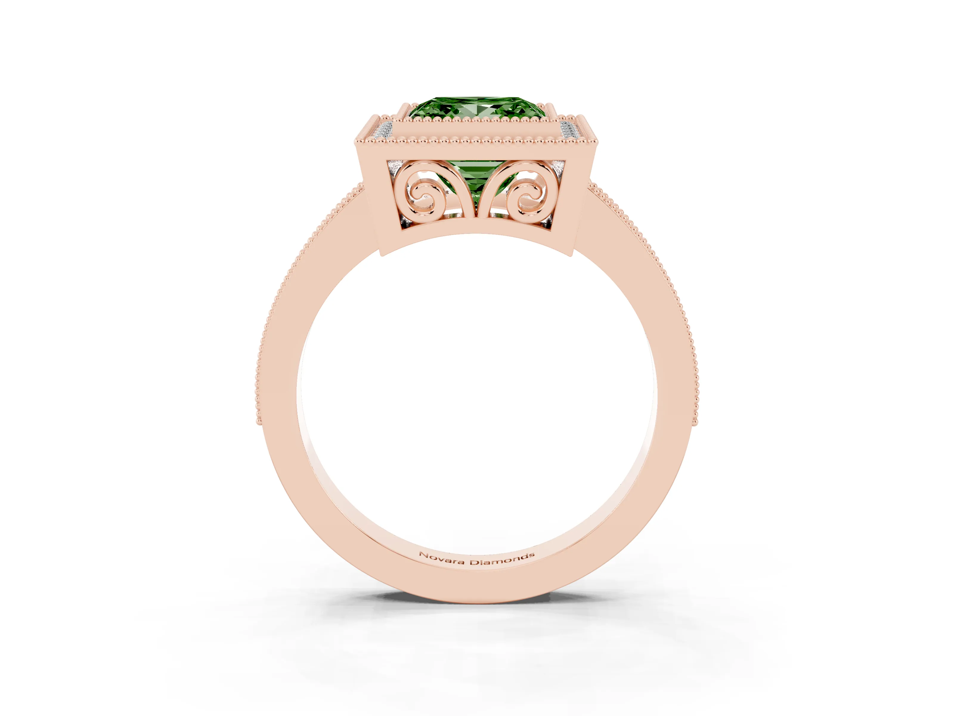 Fancy Green Princess Cut Diamond Halo Ring Set in Rose gold with Pavé Band and Milgrain-Edged Prongs