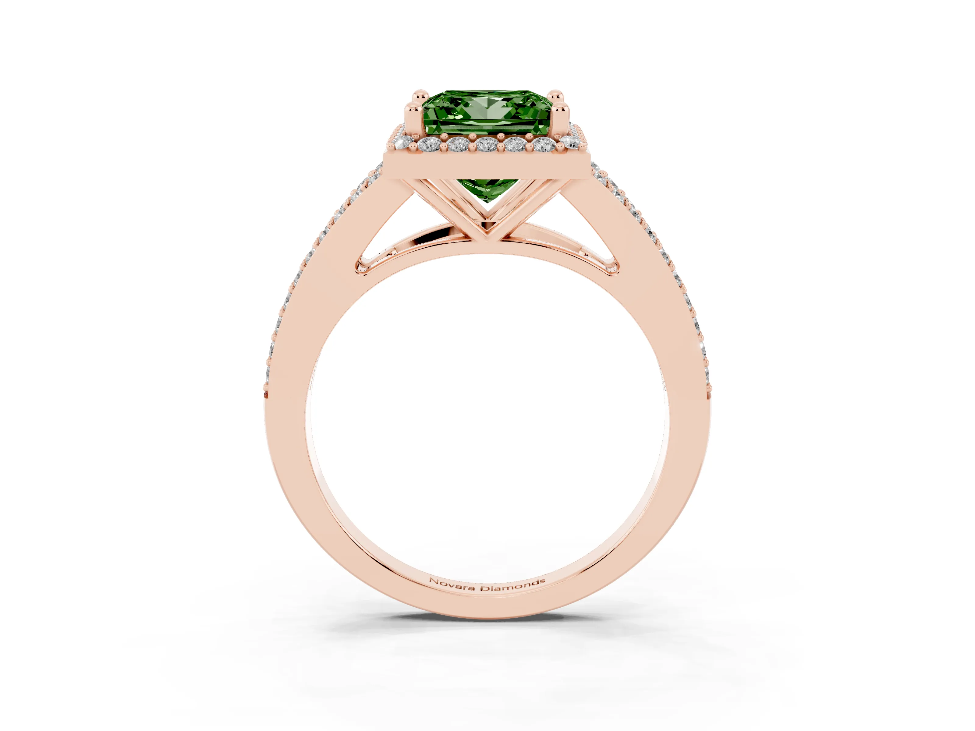 Fancy Green Princess Cut Diamond Halo Split Shank Pavé Ring Set in Rose gold with Prong Setting