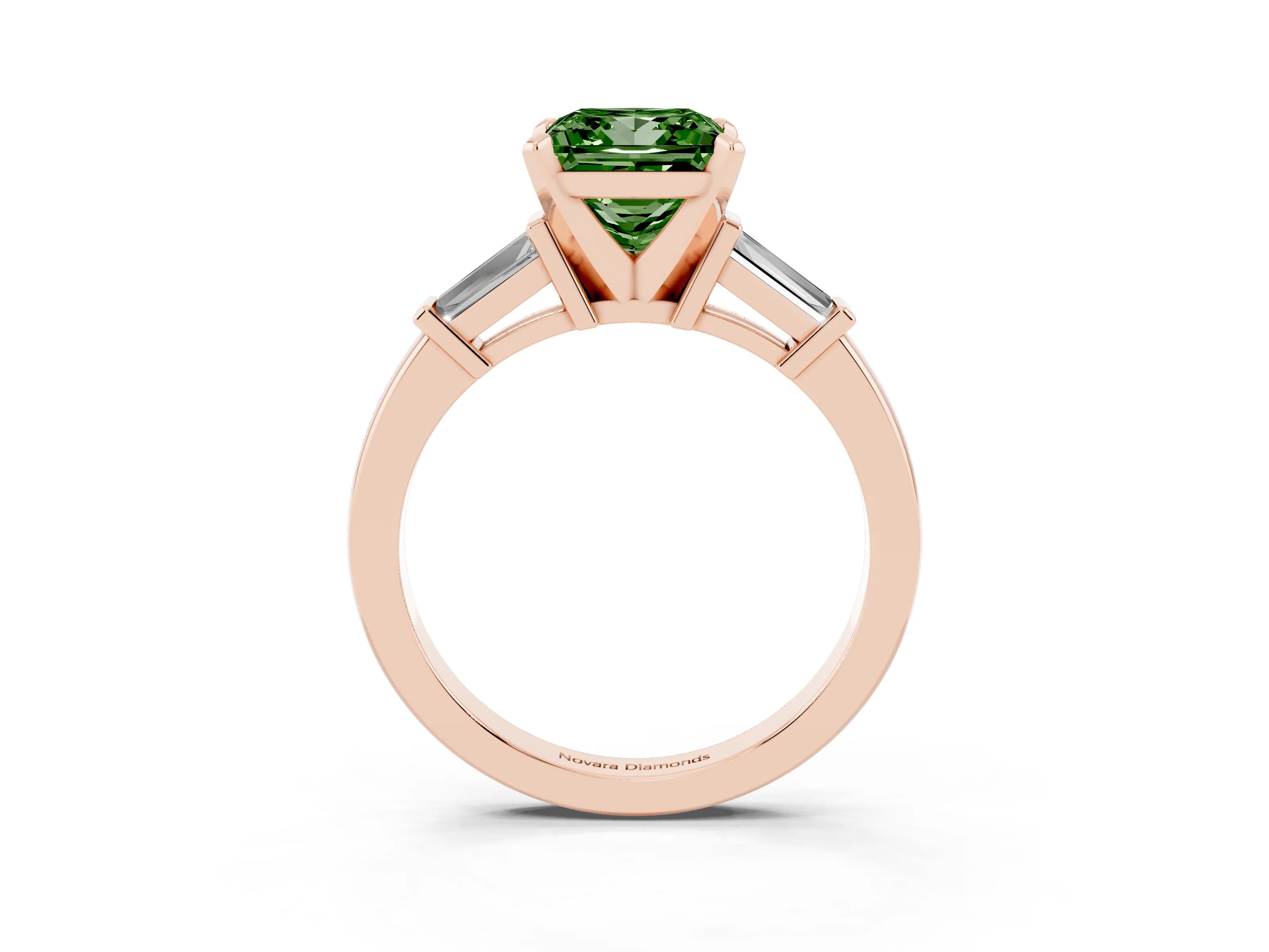 Fancy Green Princess Cut Diamond Solitaire Ring Set in Rose gold with Tapered Baguette Accents and Prong Setting