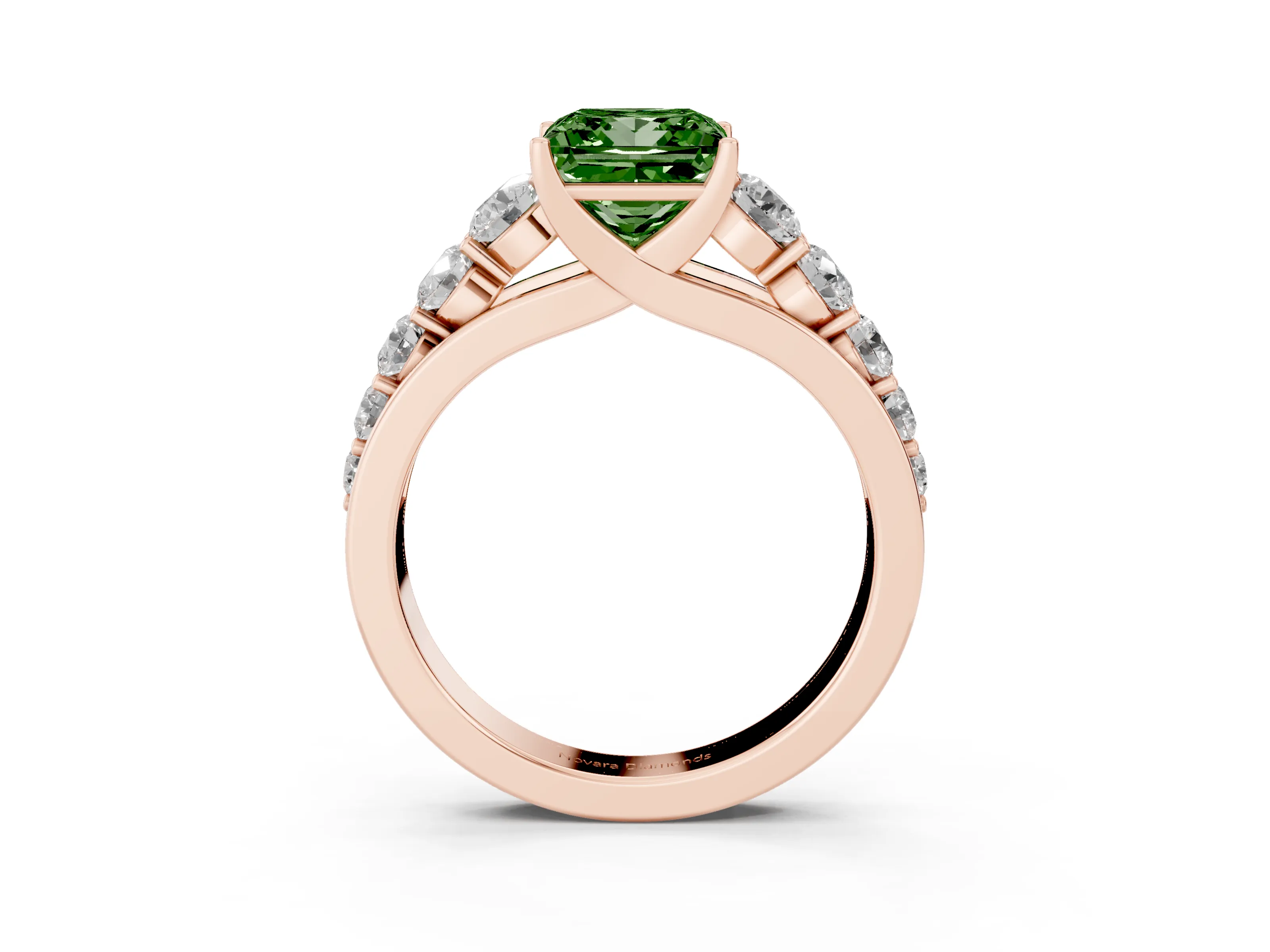 Fancy Green Princess Cut Diamond Solitaire Ring Set in Rose gold with Pavé-Set Band and Prong Setting