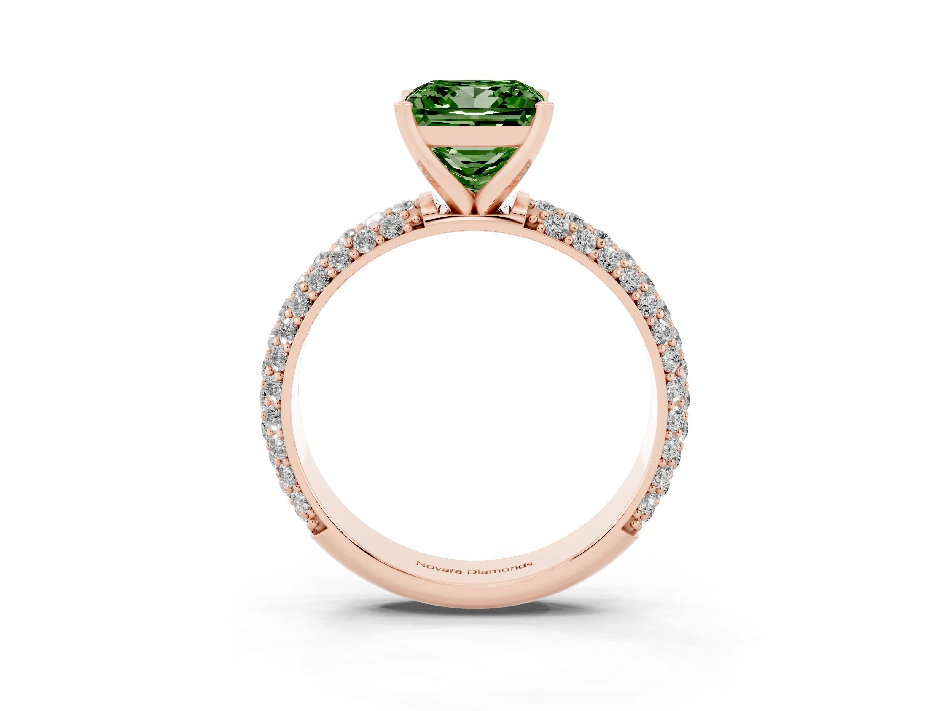 Fancy Green Princess Cut Diamond Solitaire Ring Set in Rose gold with Prong Setting and Pavé-Set Band