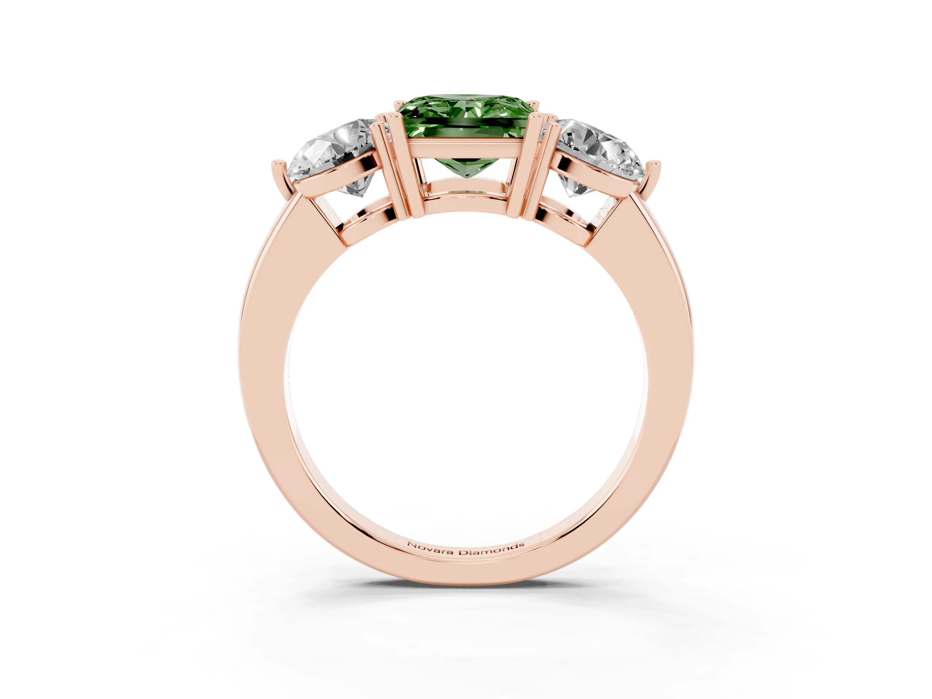 Fancy Green Princess Cut Diamond Three-Stone Ring Set in Rose gold with Prong Setting and Plain Band