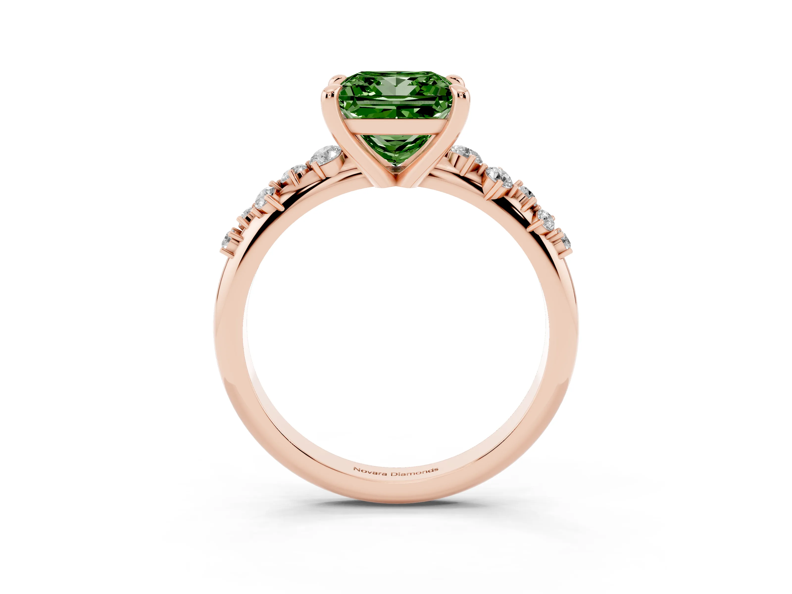 Fancy Green Princess Cut Diamond Solitaire Vine Band Ring Set in Rose gold with Round Accents and Prong Setting