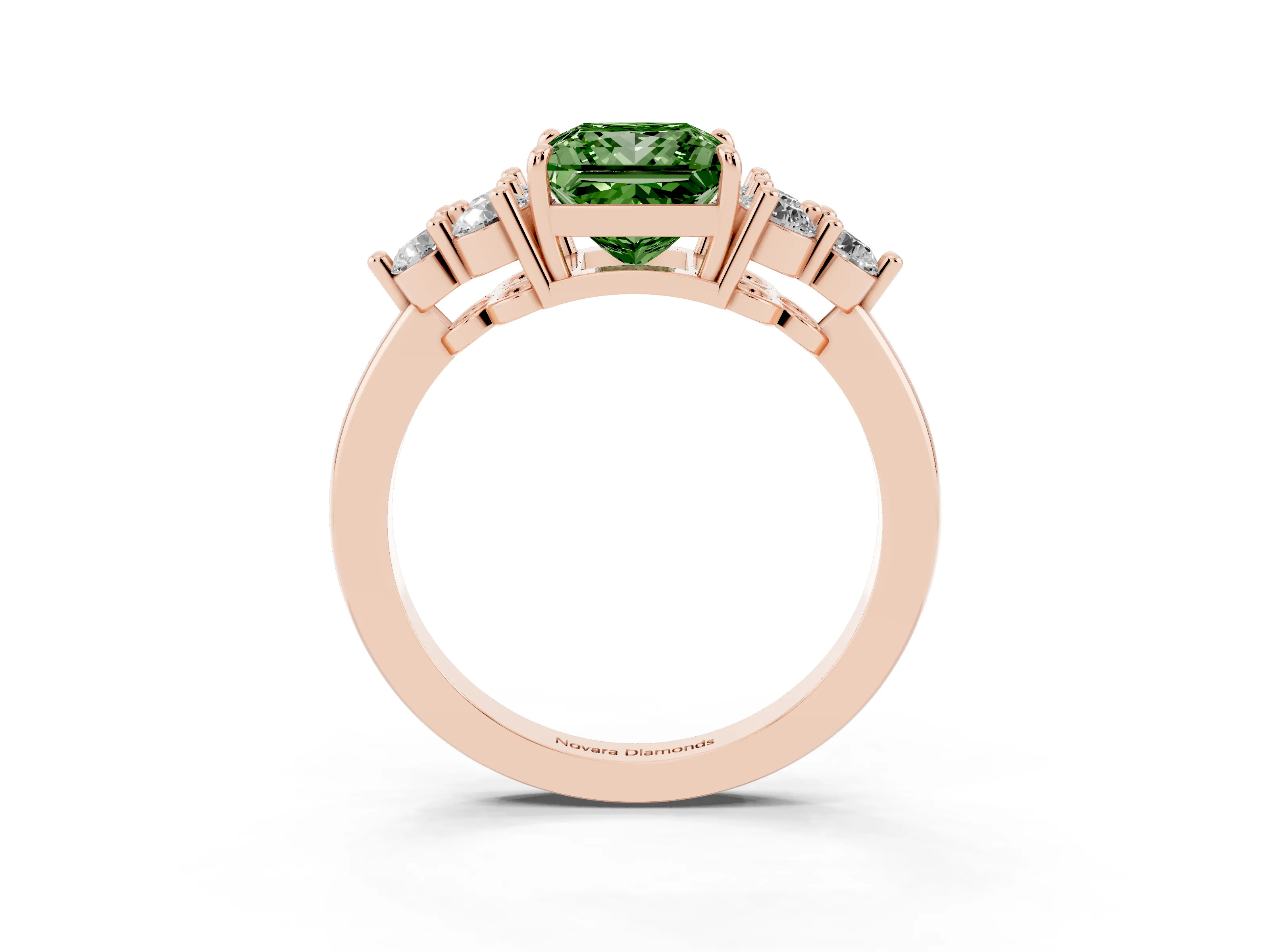 Fancy Green Princess Cut Diamond Solitaire Ring Set in Rose gold with Cluster Accents on Each Side