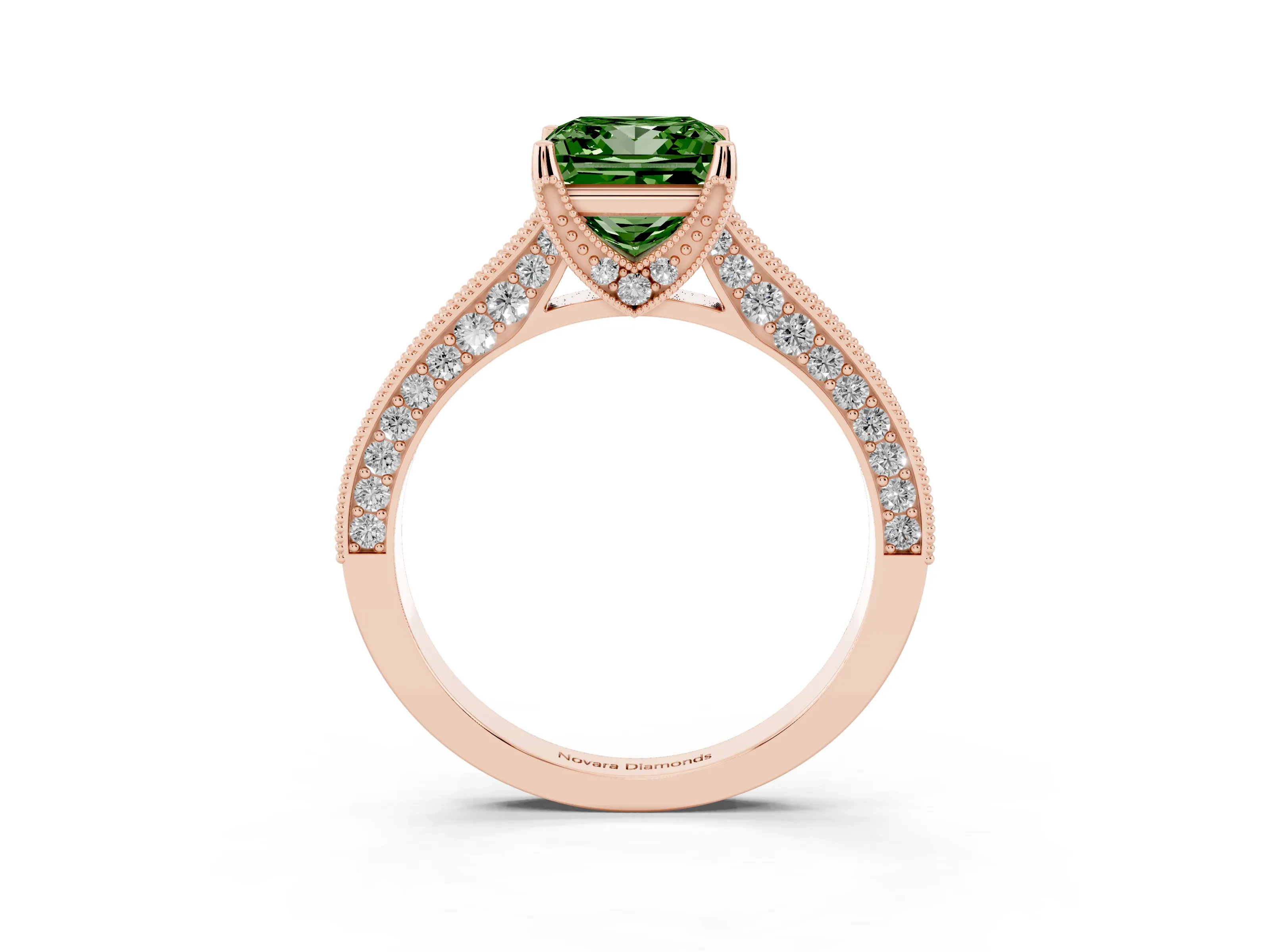 Fancy Green Princess Cut Diamond Solitaire Ring Set in Rose gold with Milgrain-Edged Pavé Band and Prong Setting