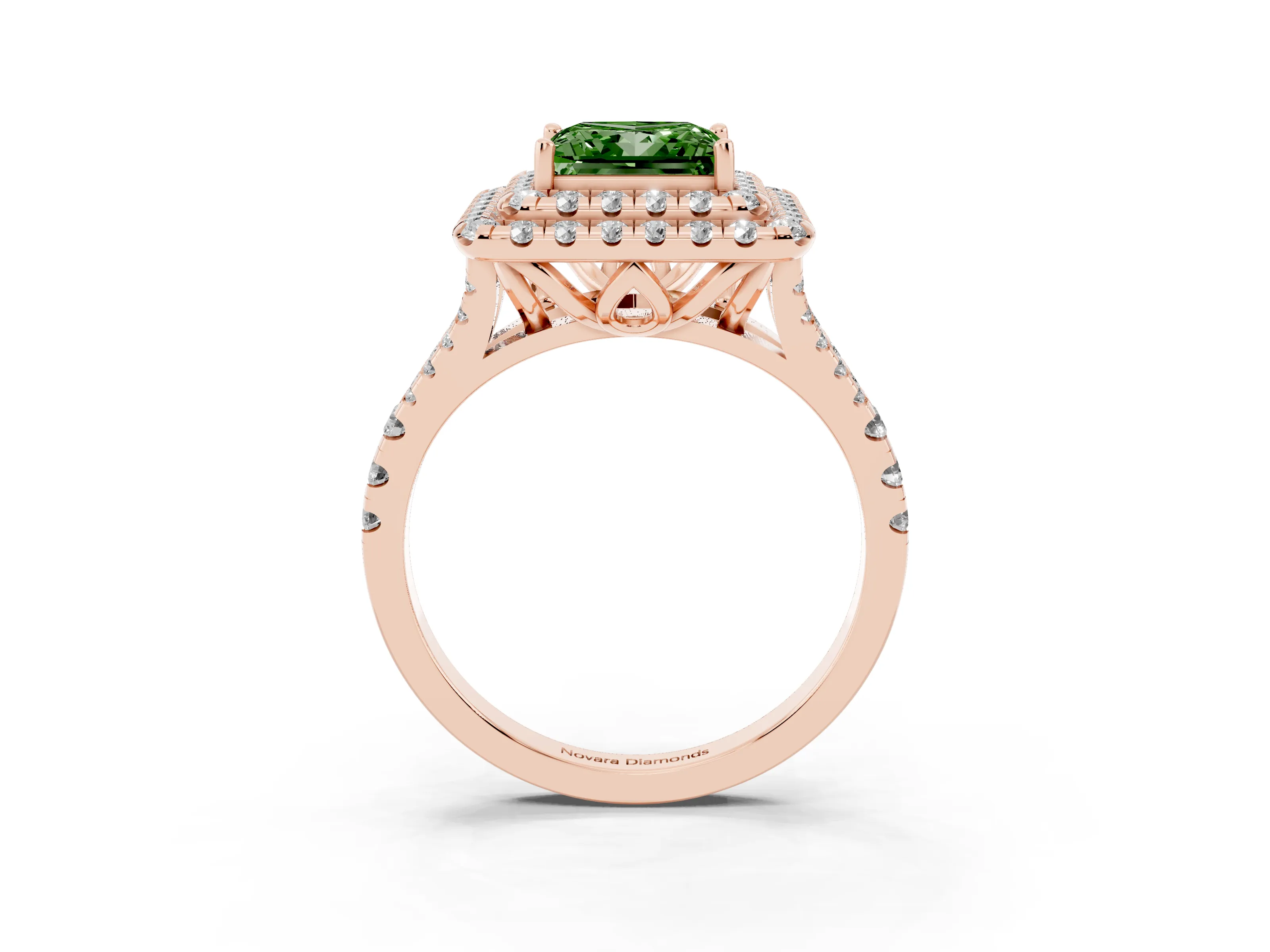 Fancy Green Princess Cut Diamond Double Halo Ring Set in Rose gold with Pavé Split Shank and Prong Setting
