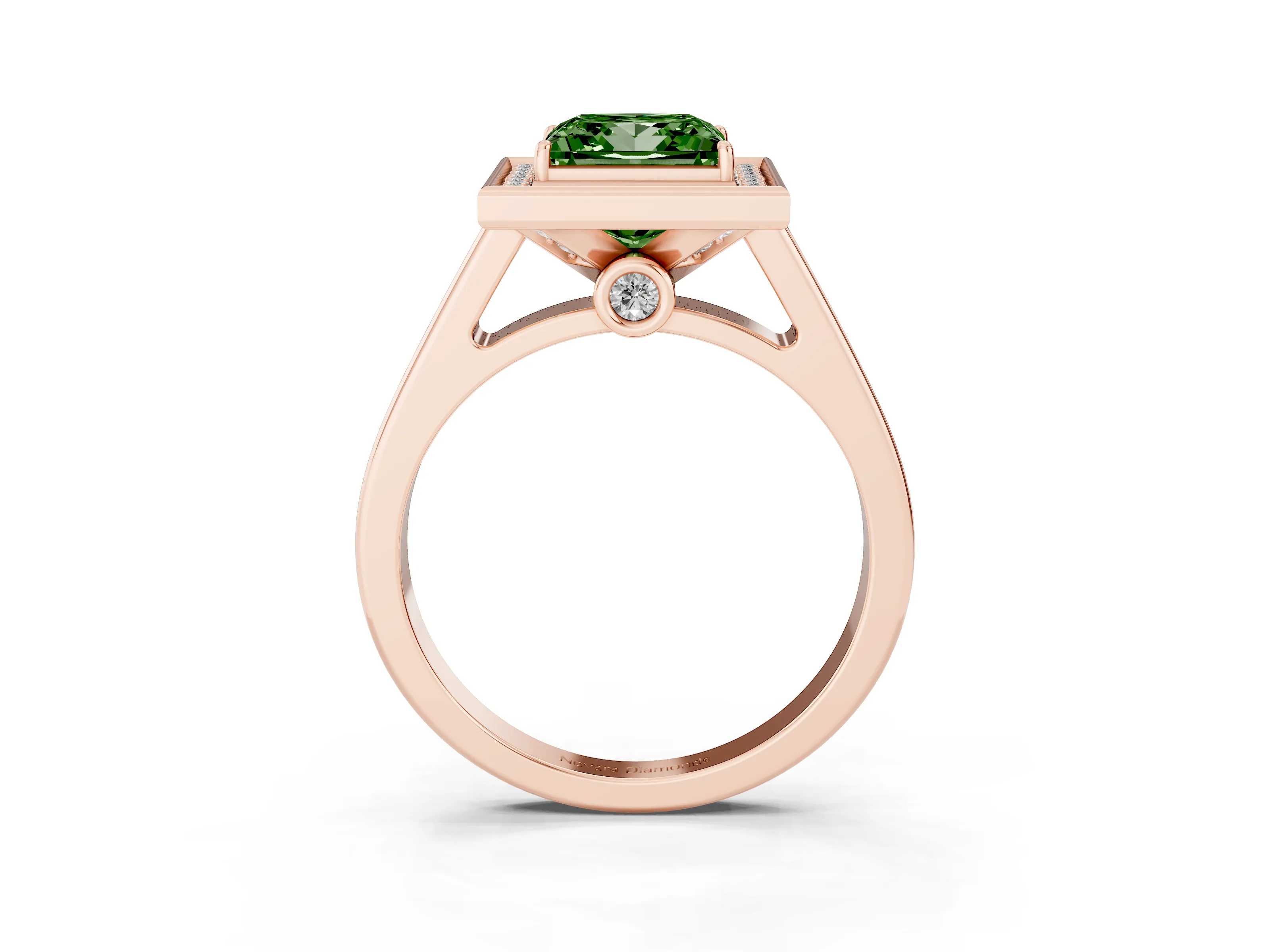 Fancy Green Princess Cut Diamond Halo Solitaire Ring Set in Rose gold with Pavé Band and Bezel Setting