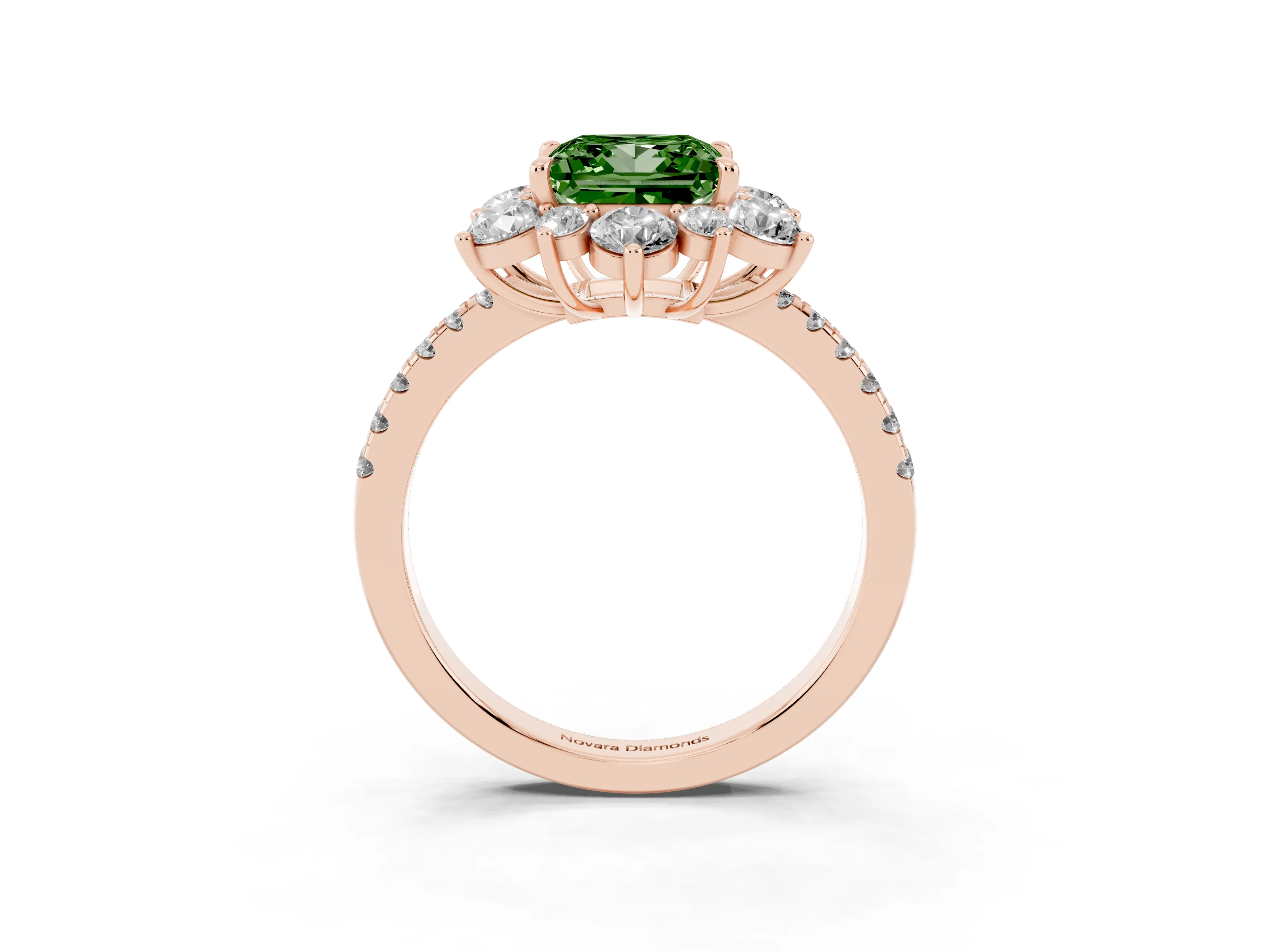 Fancy Green Princess Cut Diamond Floral Halo Ring Set in Rose gold with Round Pavé Band and Prong Setting