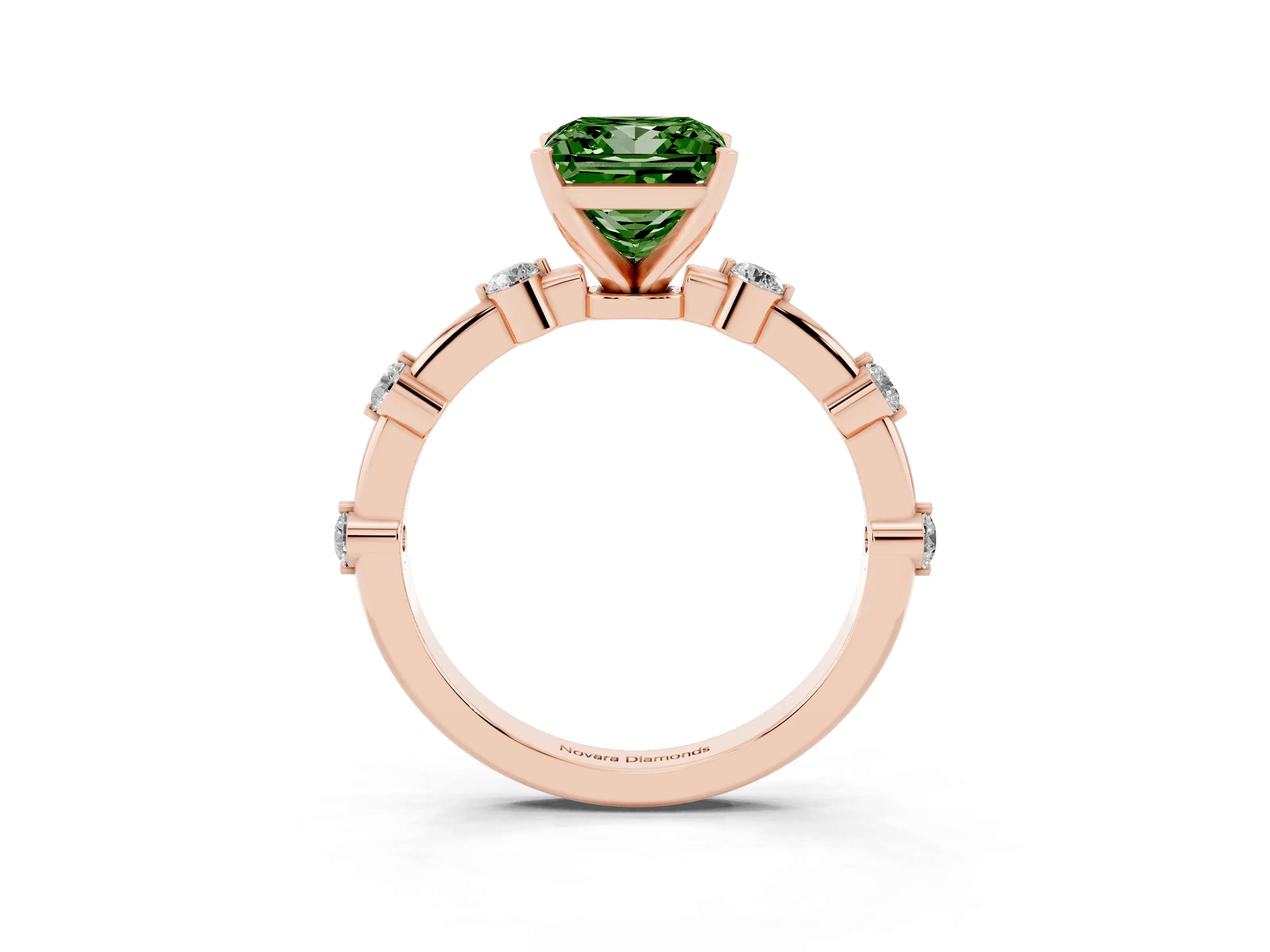 Fancy Green Princess Cut Diamond Solitaire Ring Set in Rose gold with Bezel Set Side Stones and Prong Setting