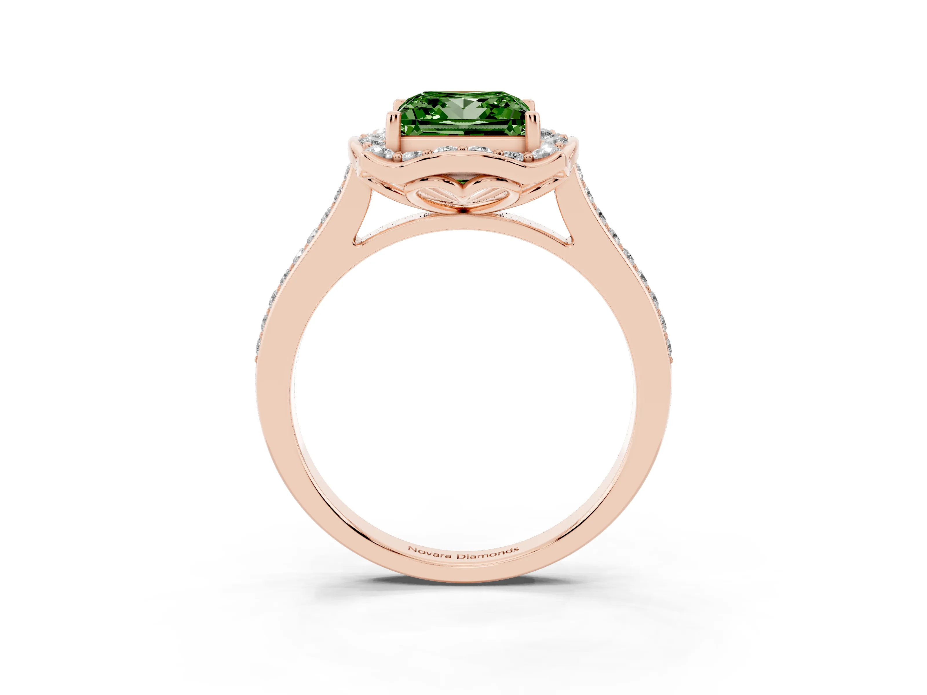 Fancy Green Princess Cut Diamond Halo Ring Set in Rose gold with Pavé-Lined Shoulders and Prong Setting