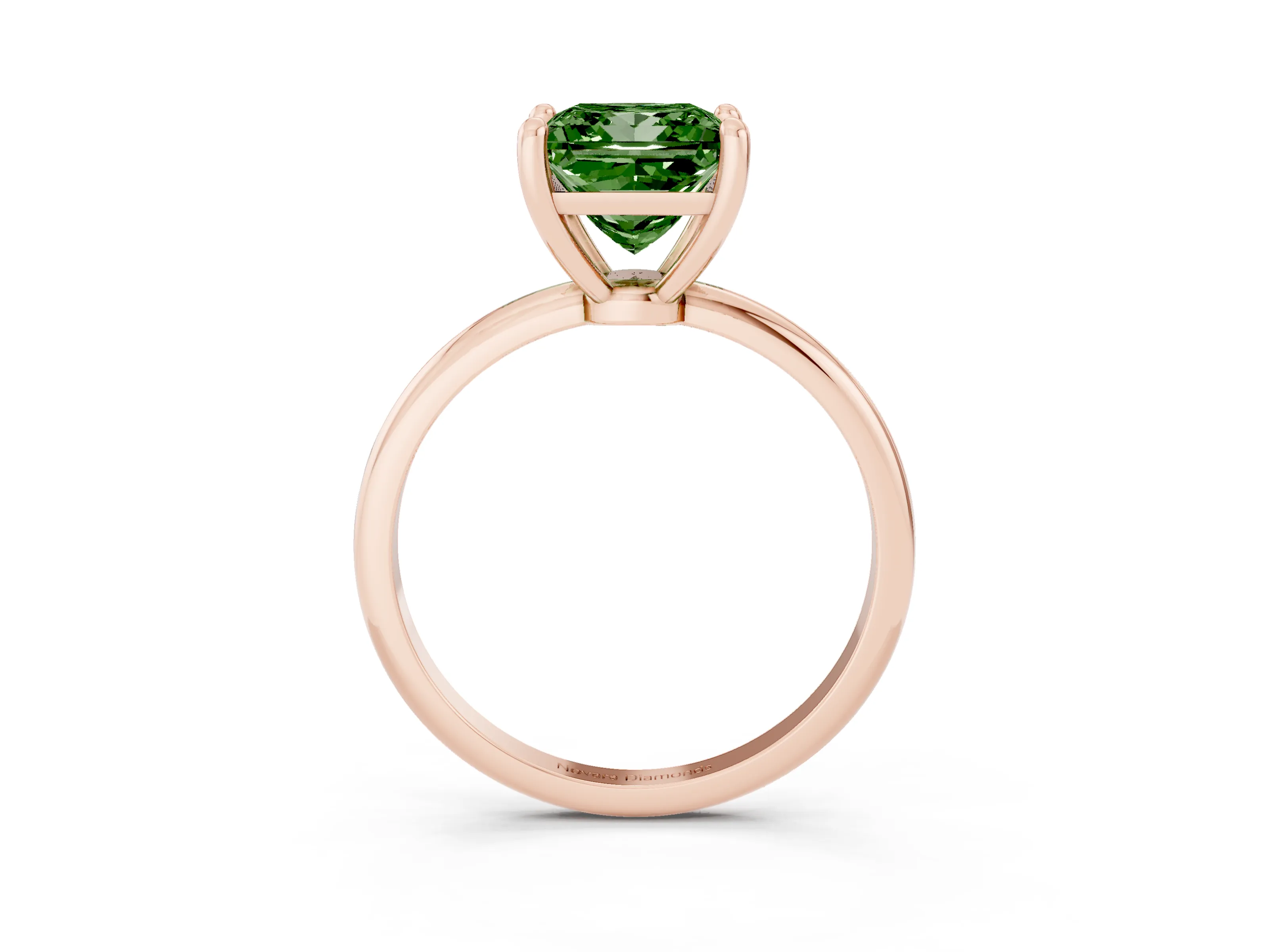 Fancy Green Princess Cut Diamond Solitaire Ring Set in Rose gold with Secure Prong Setting on a Classic Band