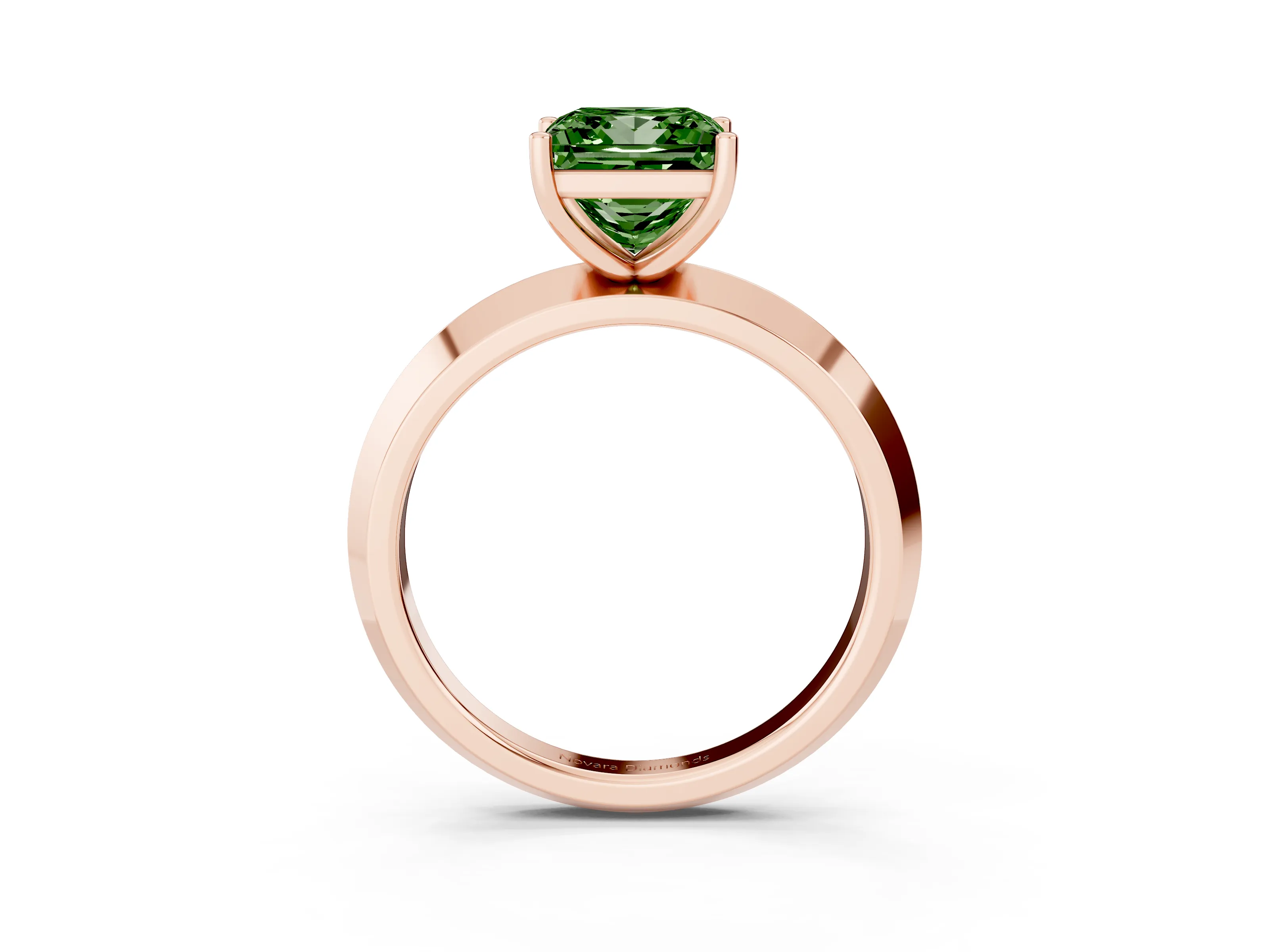 Fancy Green Princess Cut Diamond Solitaire Engagement Ring Set in Rose gold with Flat Band and Prong Setting