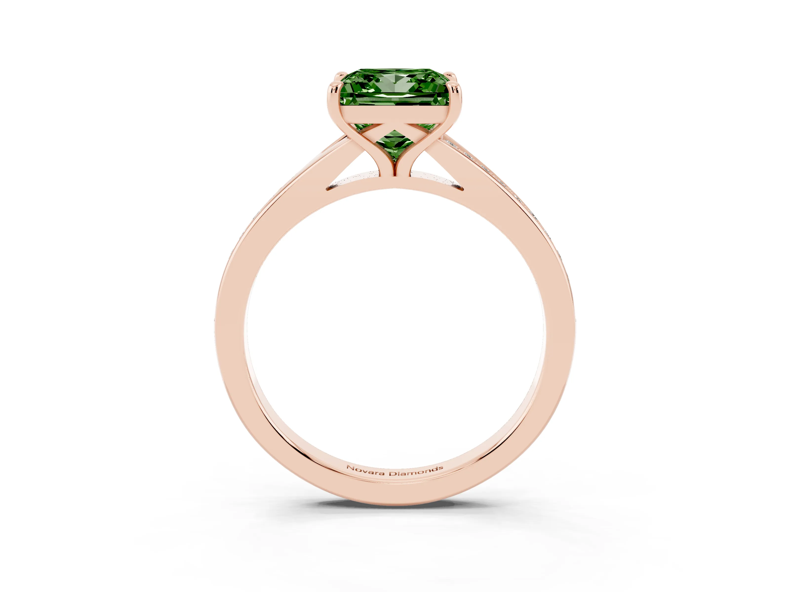 Fancy Green Princess Cut Diamond Solitaire Ring Set in Rose gold with Pavé Accent Band and Classic Prong Setting