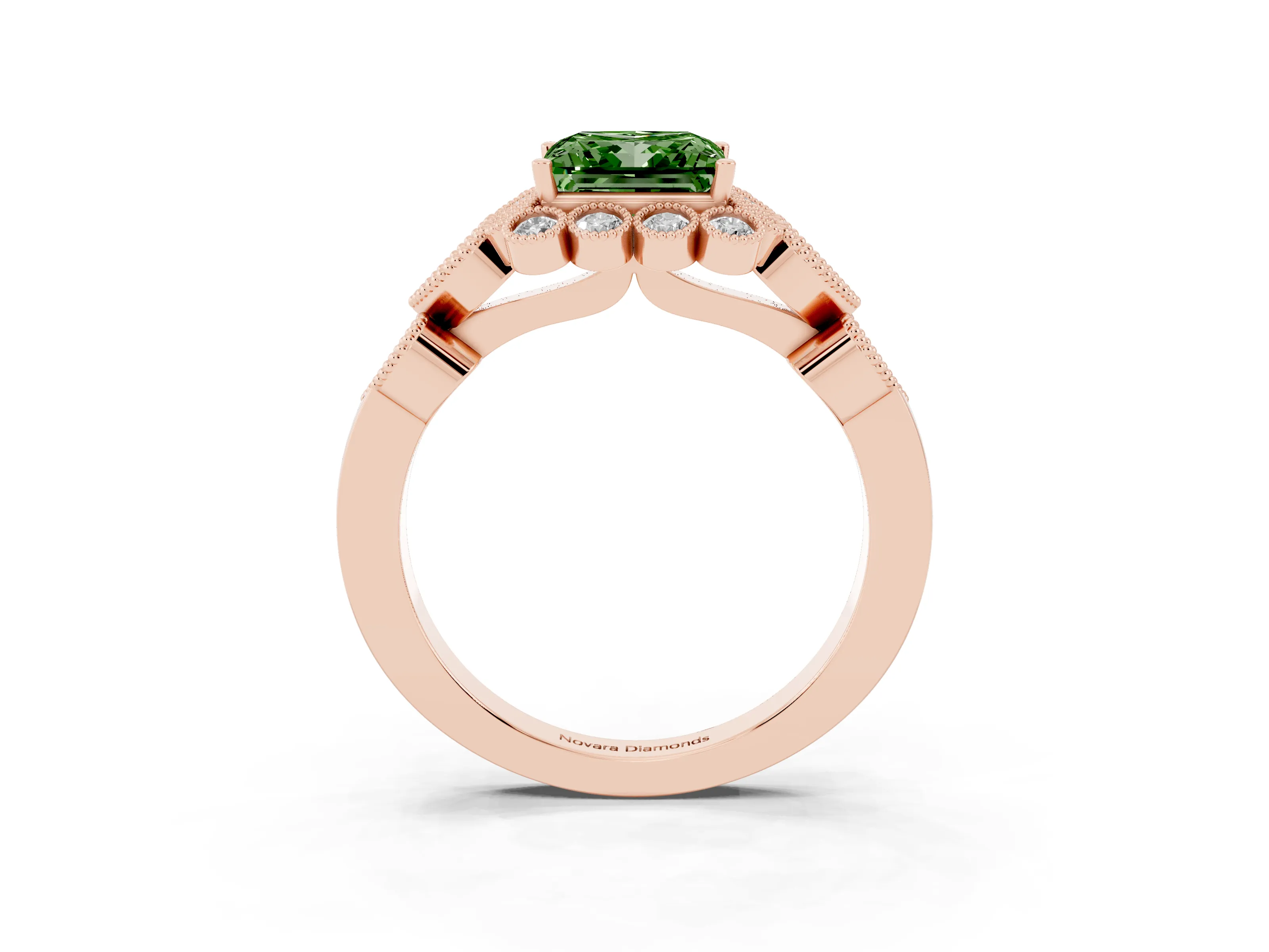 Fancy Green Princess Cut Diamond Solitaire Ring Set in Rose gold with Milgrain Pavé Heart Band