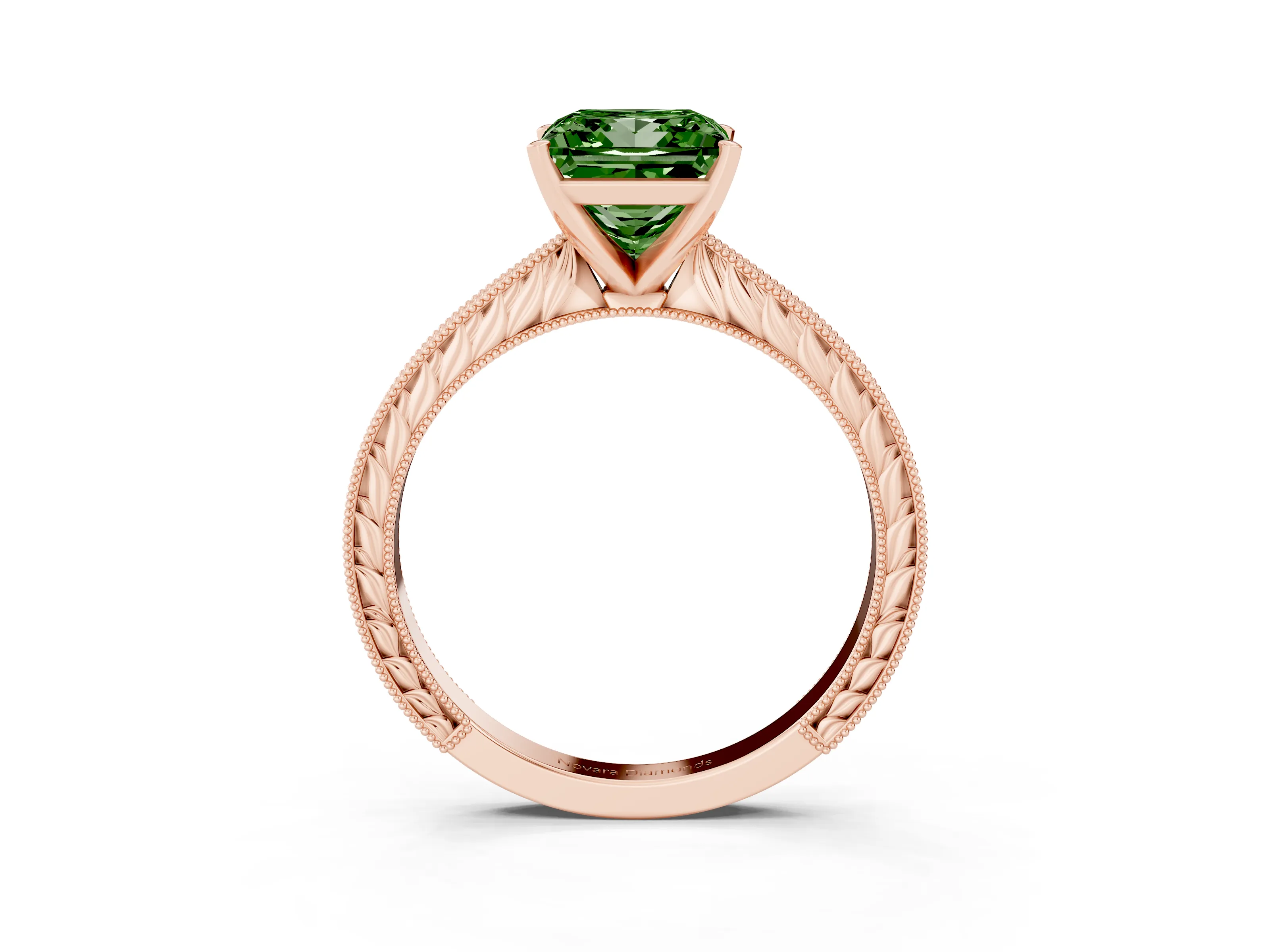Fancy Green Princess Cut Diamond Solitaire Milgrain Engraved Band Set in Rose gold with Prong Setting