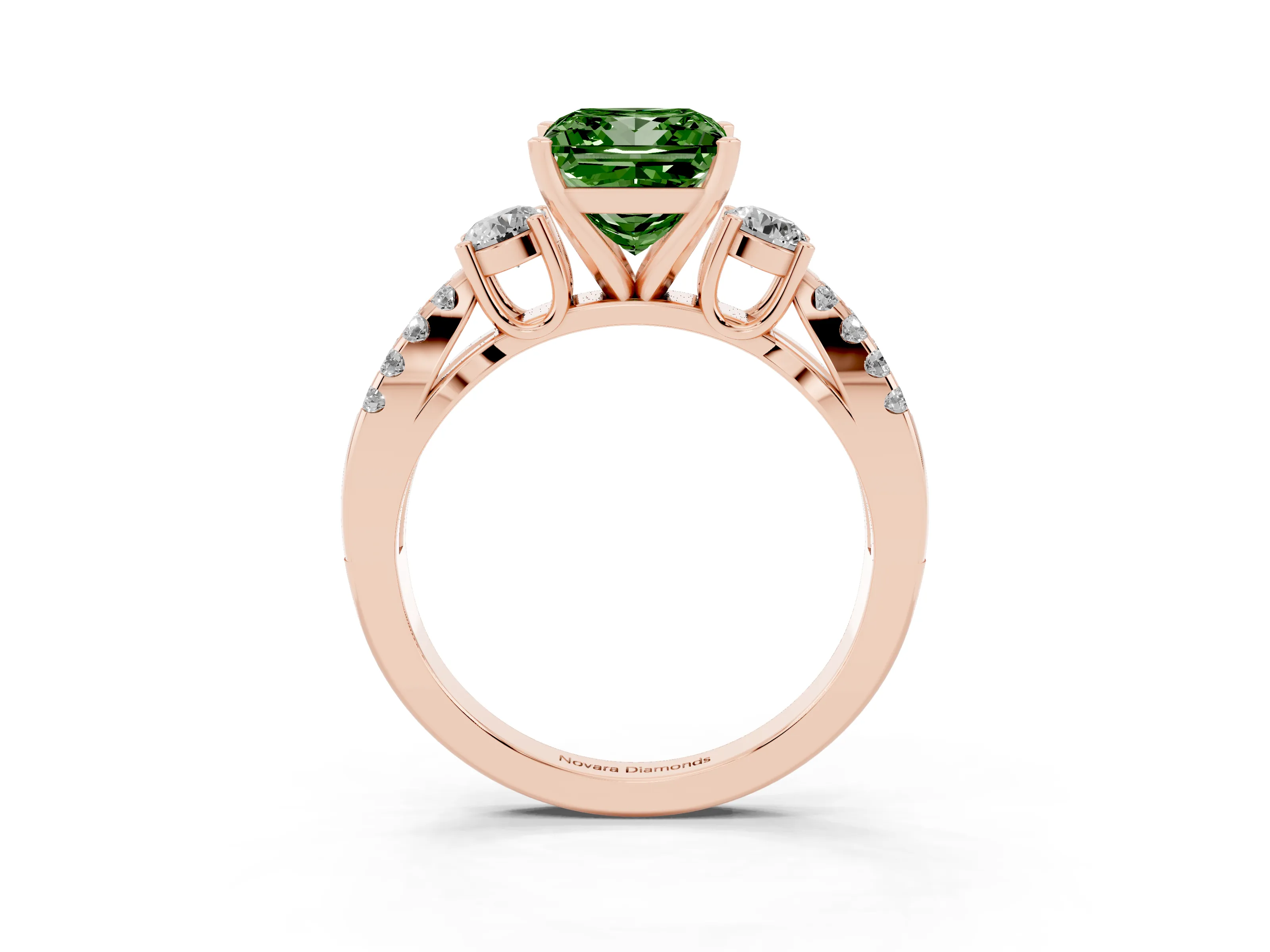 Fancy Green Princess Cut Diamond Three-Stone Ring Set in Rose gold with Pavé Split Shank and Prong Setting