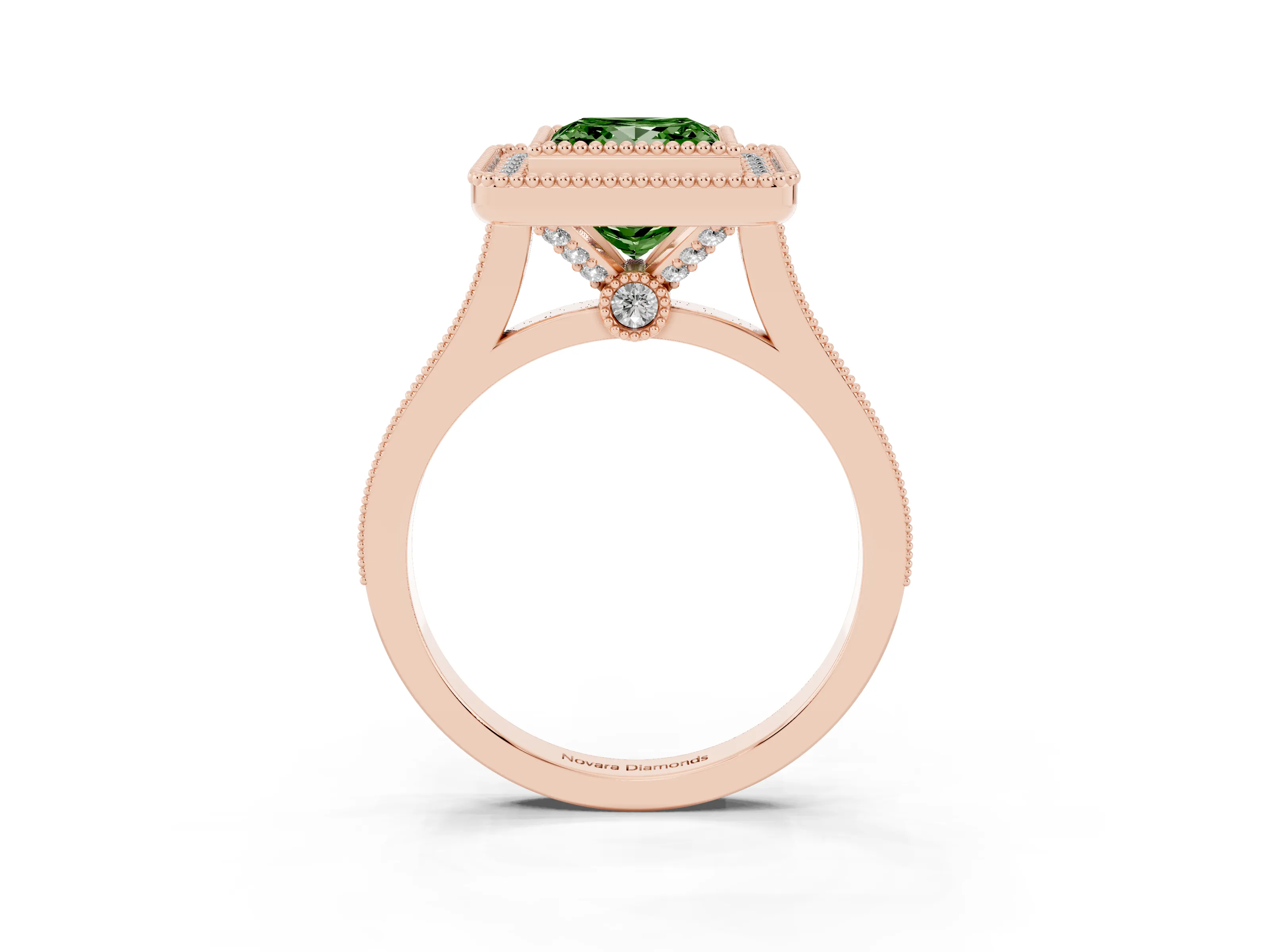 Fancy Green Princess Cut Diamond Halo Ring Set in Rose gold with Milgrain Frame and Pavé Band