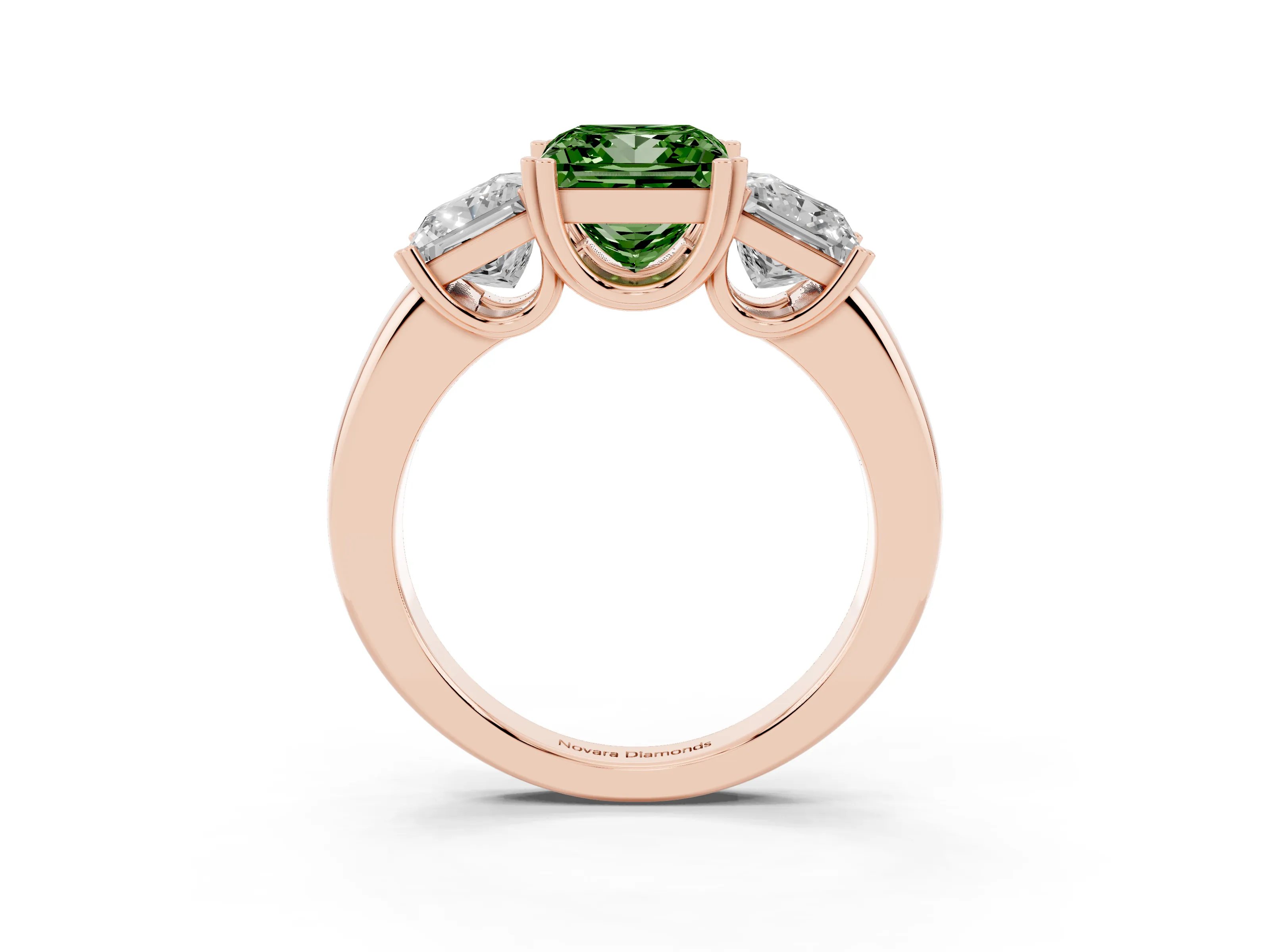Fancy Green Princess Cut Diamond Three-Stone Ring Set in Rose gold with Polished Channel-Set Band