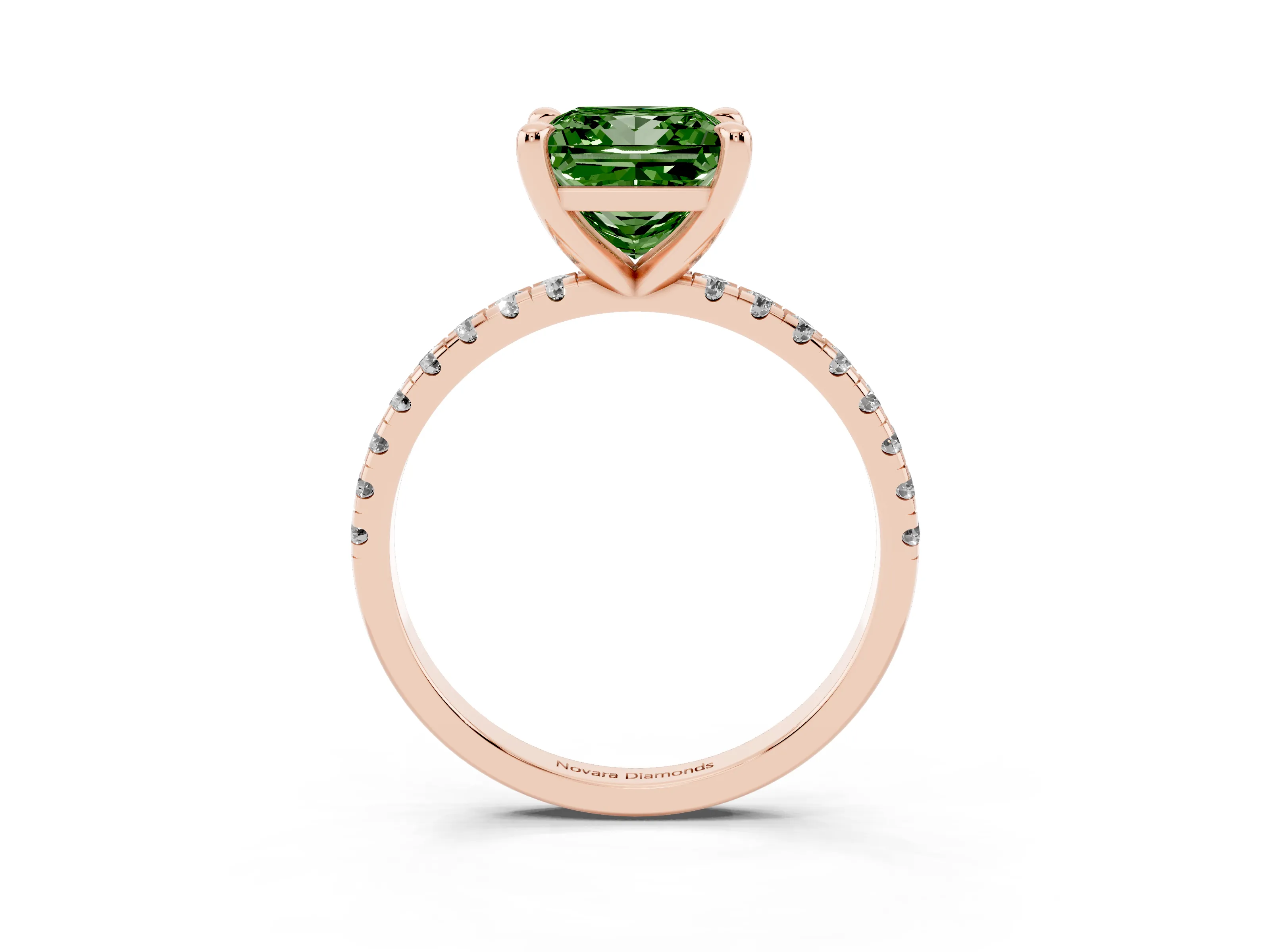 Fancy Green Princess Cut Diamond Brilliant Solitaire Ring Set in Rose gold with Pavé Band and Prong Setting