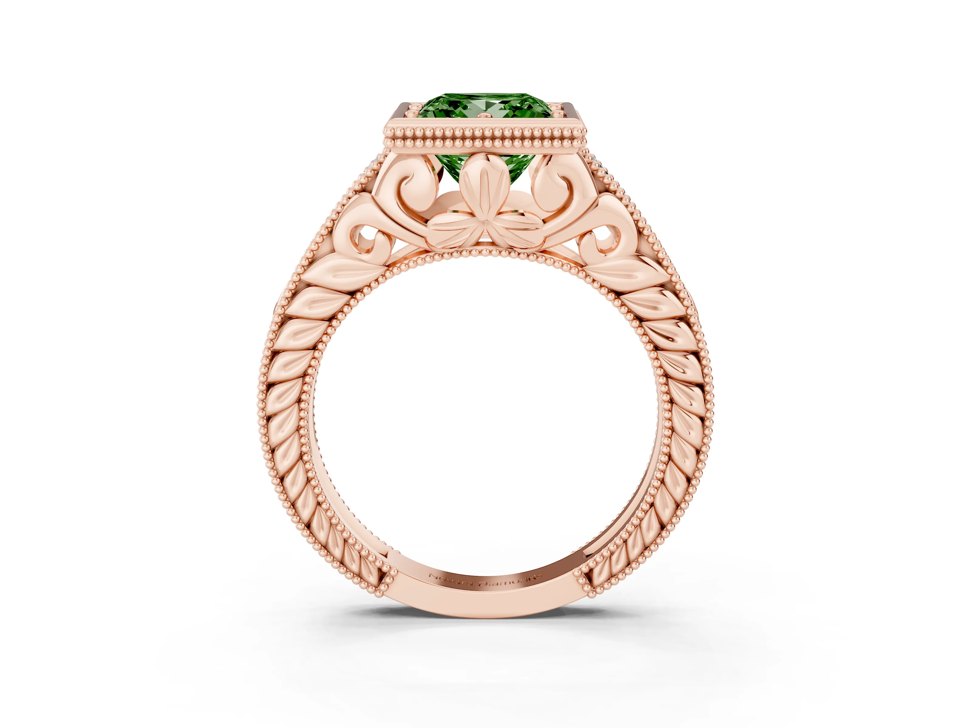 Fancy Green Bezel Set Princess Cut Diamond Milgrain Pavé Engagement Ring Set in Rose gold