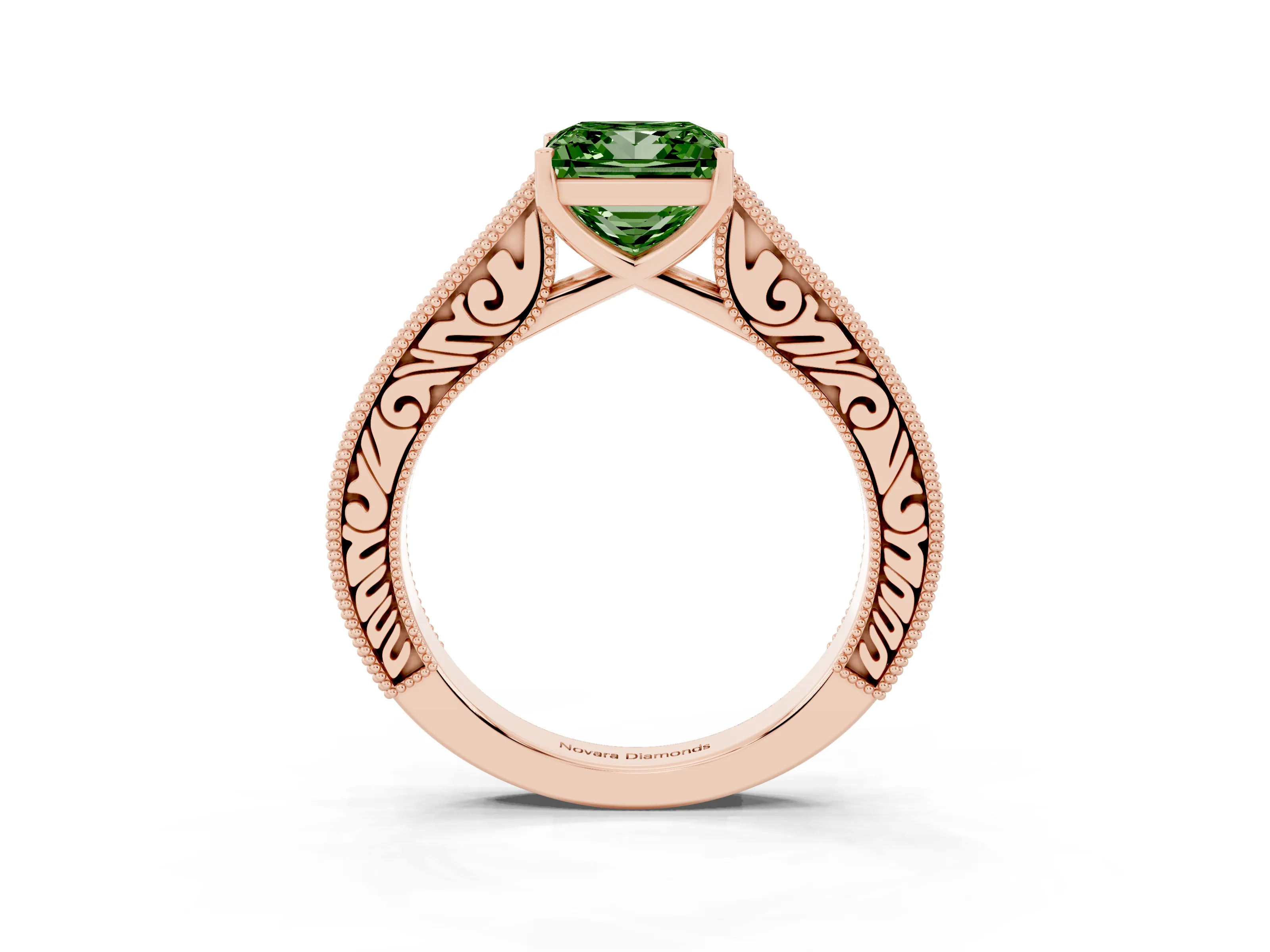 Fancy Green Princess Cut Diamond Milgrain Pavé Band Solitaire Ring Set in Rose gold with Prong Setting