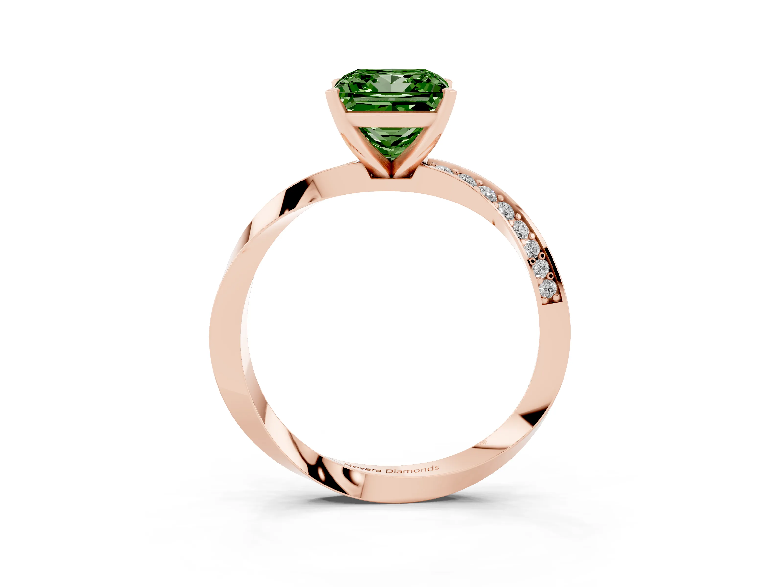 Fancy Green Princess Cut Diamond Engagement Ring Set in Rose gold with Side Stone Accents and Prong Setting