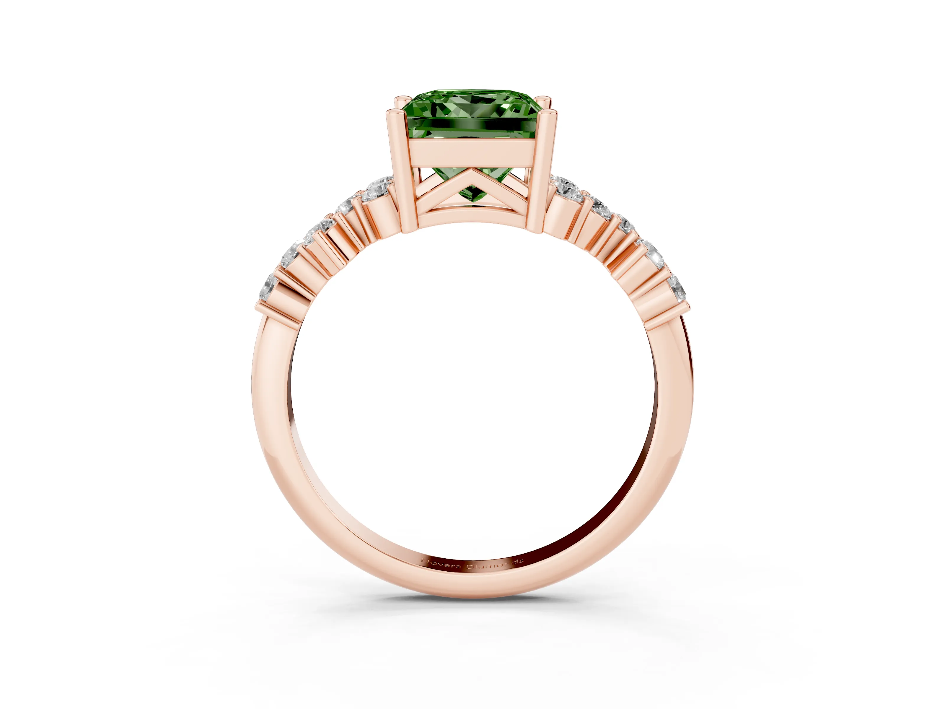 Fancy Green Princess Cut Diamond Ring Set in Rose gold with Scattered Round Accents