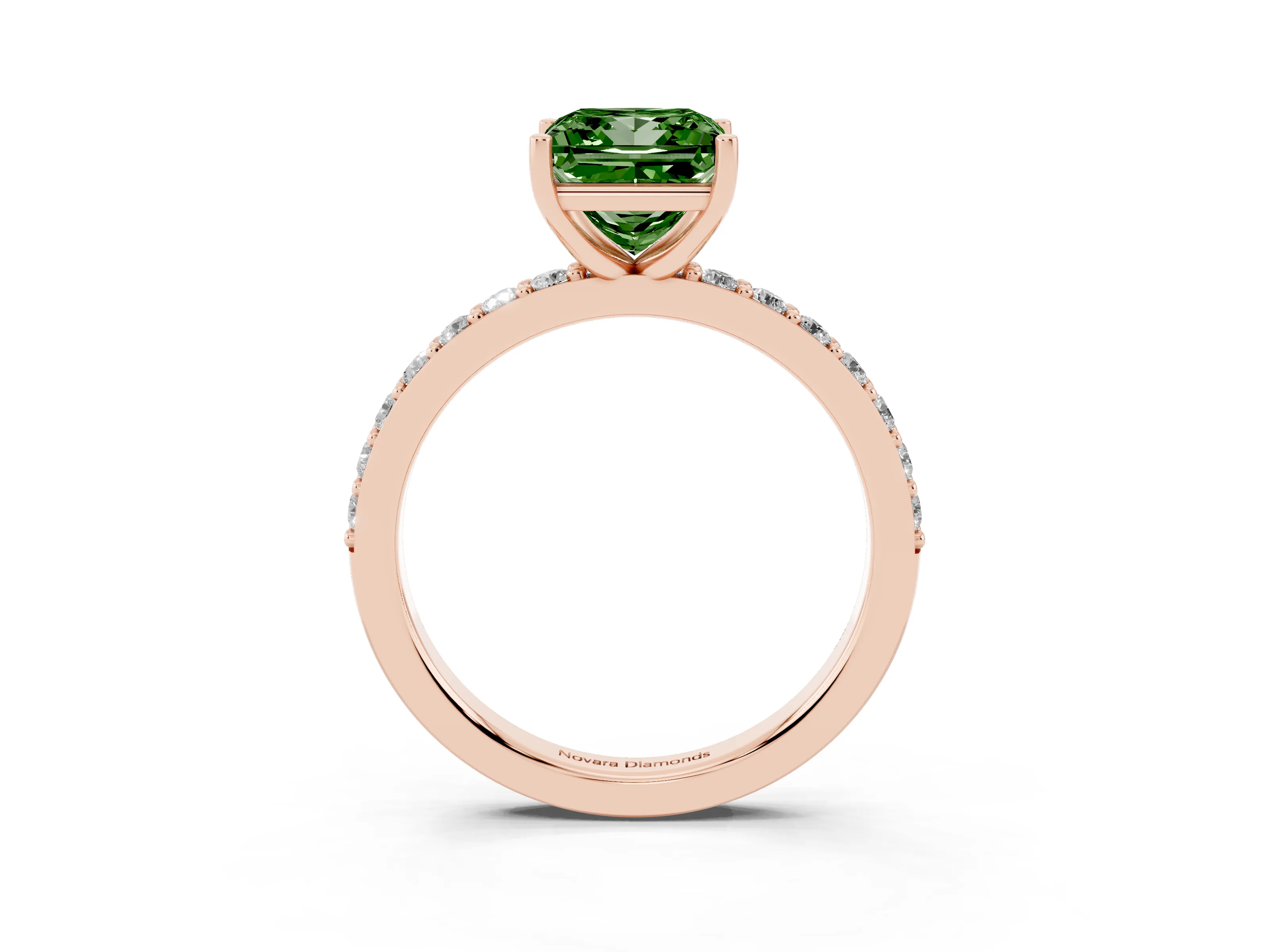 Fancy Green Princess Cut Diamond Solitaire Set in Rose gold with Round Pavé Band and Prong Setting