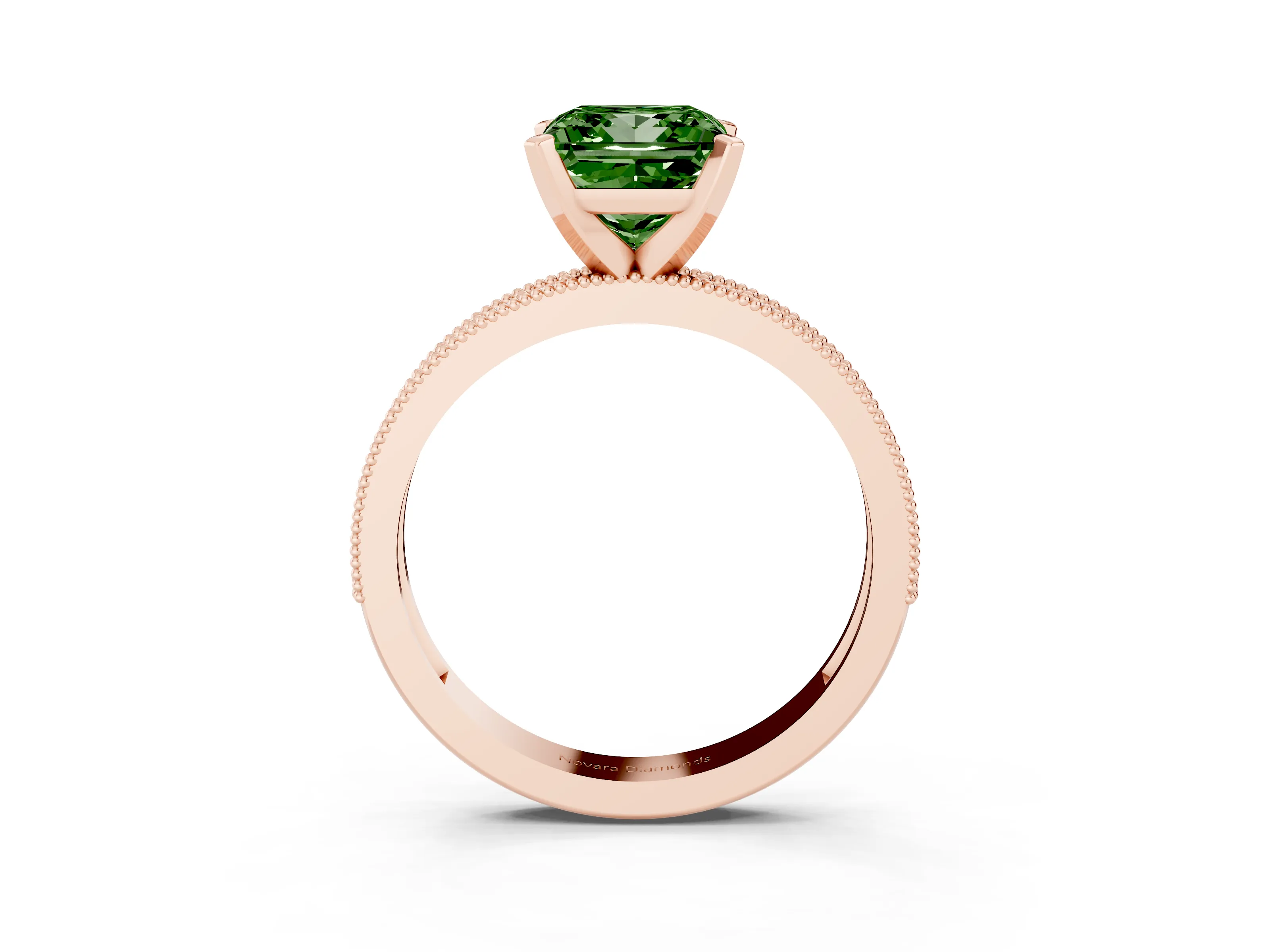 Fancy Green Princess Cut Diamond Milgrain Pavé Engagement Ring Set in Rose gold with Prong Setting