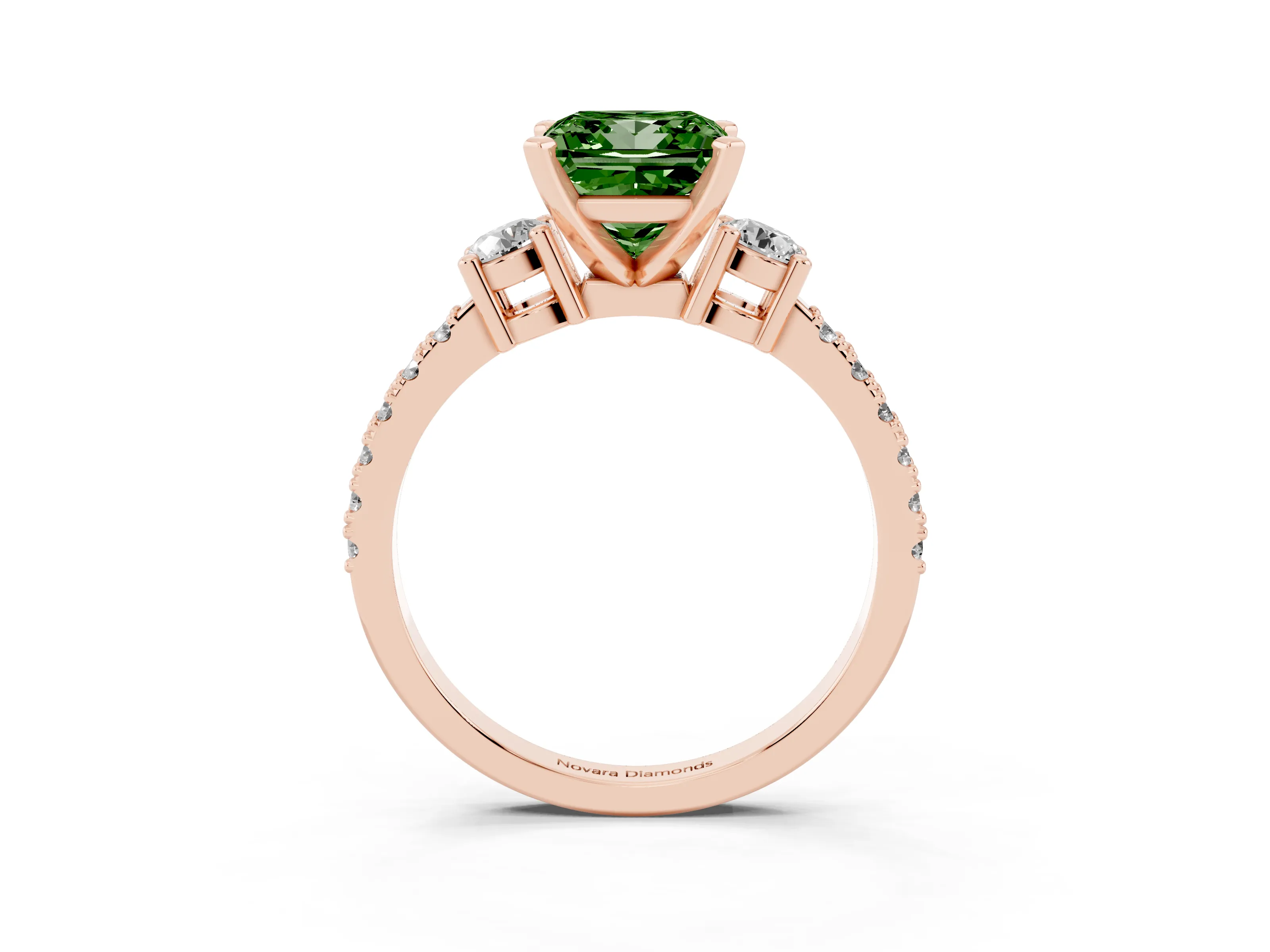 Fancy Green Three-Stone Princess Cut Diamond Pavé Band Ring Set in Rose gold with Prong Setting