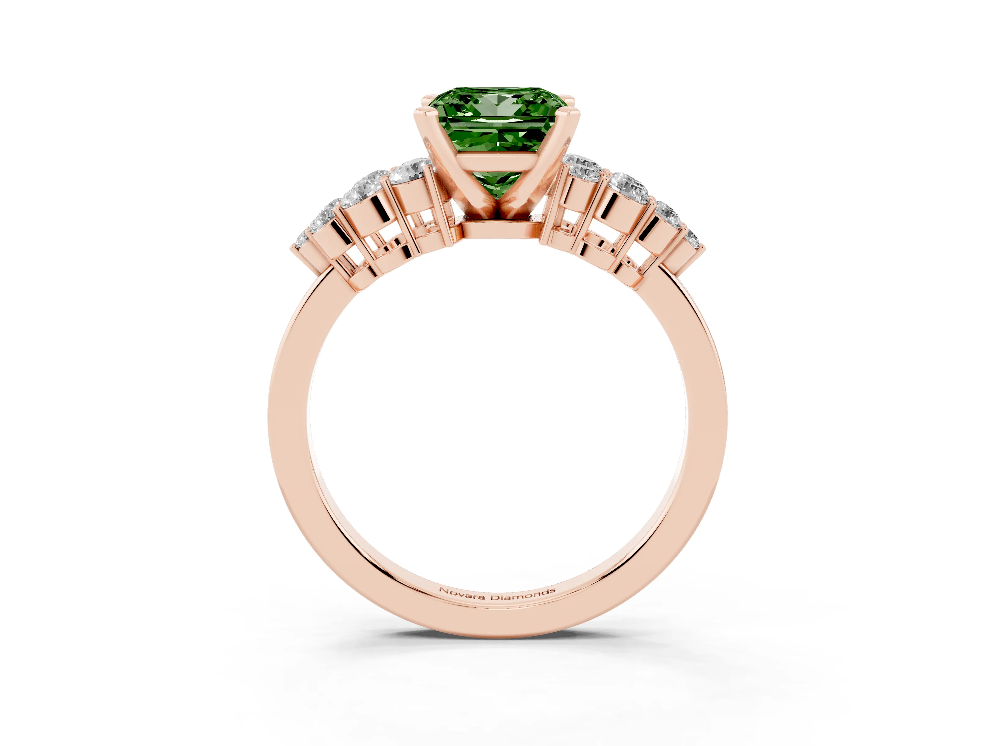 Fancy Green Princess Cut Diamond Cluster Engagement Ring Set in Rose gold with Pavé Band and Prong Setting
