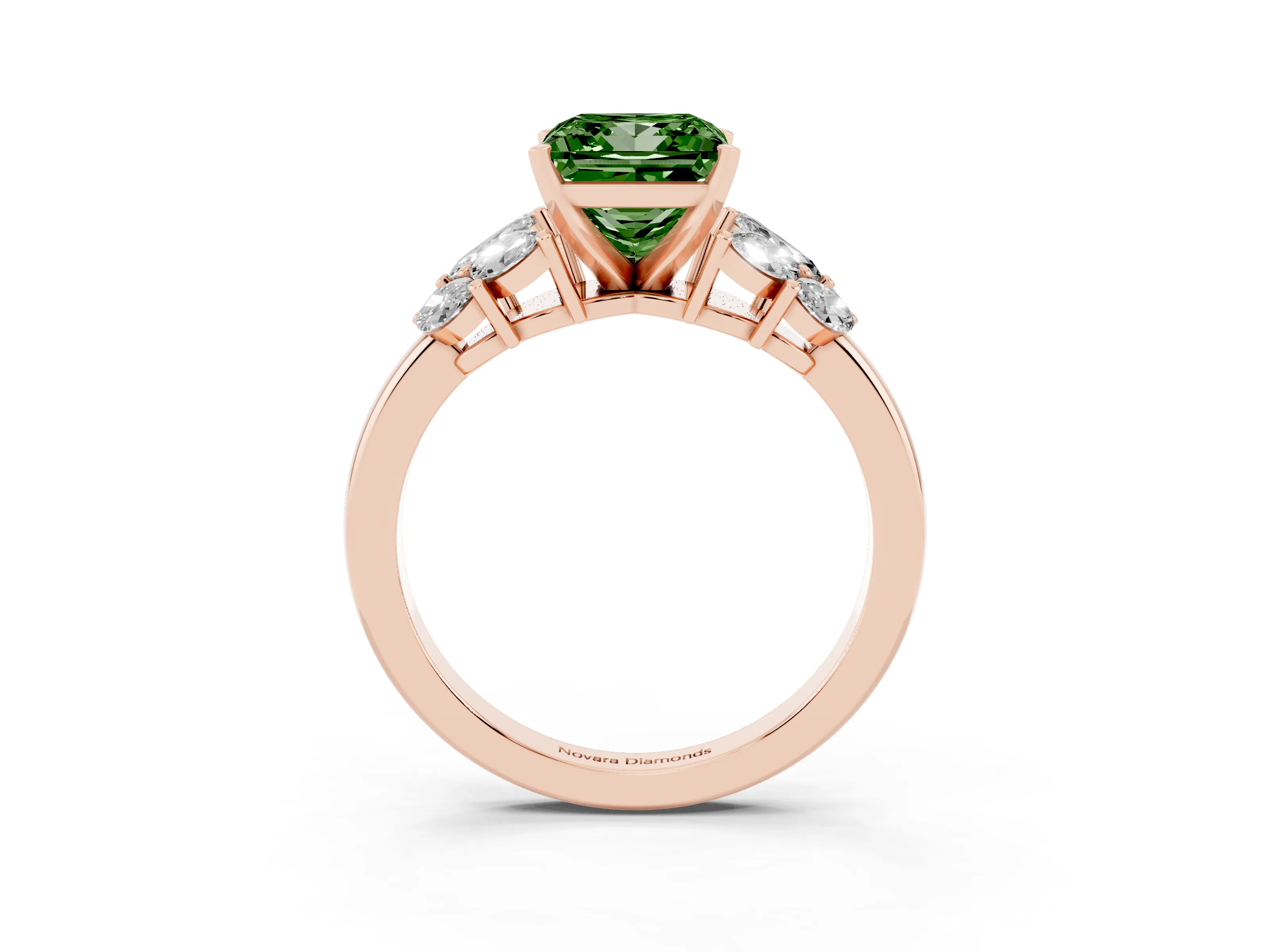 Fancy Green Princess Cut Diamond Cluster Leaf Design Ring Set in Rose gold with Prong Setting