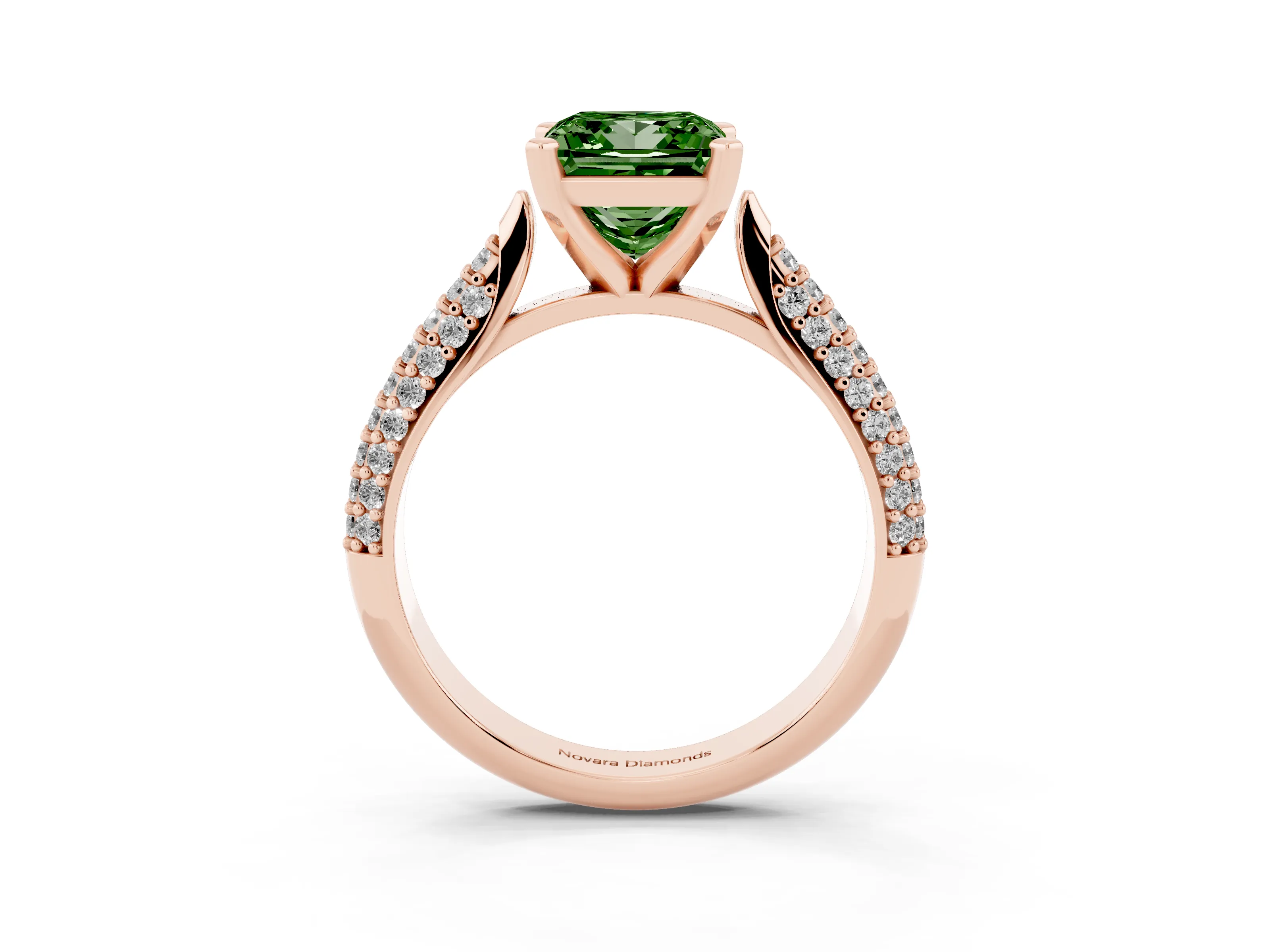 Fancy Green Princess Cut Diamond Solitaire Engagement Ring Set in Rose gold with Multi-Row Round Pavé Band and Prong Setting