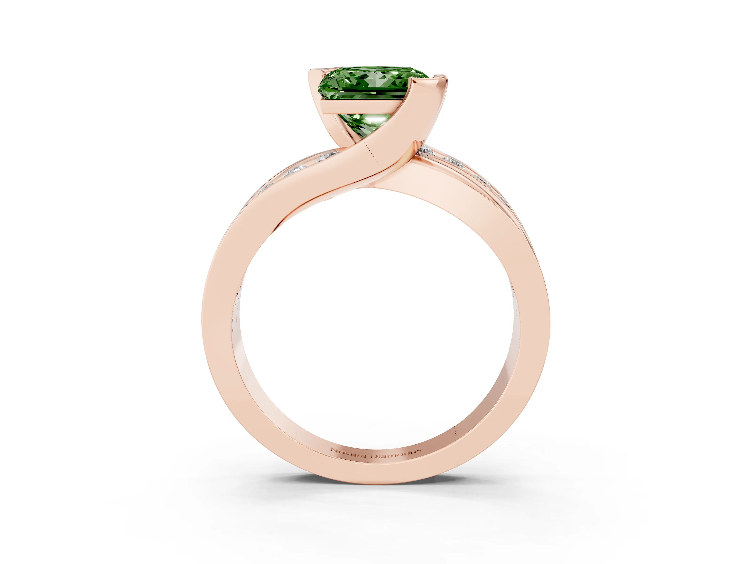 Fancy Green Princess Cut Diamond Solitaire Ring Set in Rose gold with Channel Set Split Shank and Tension Prongs