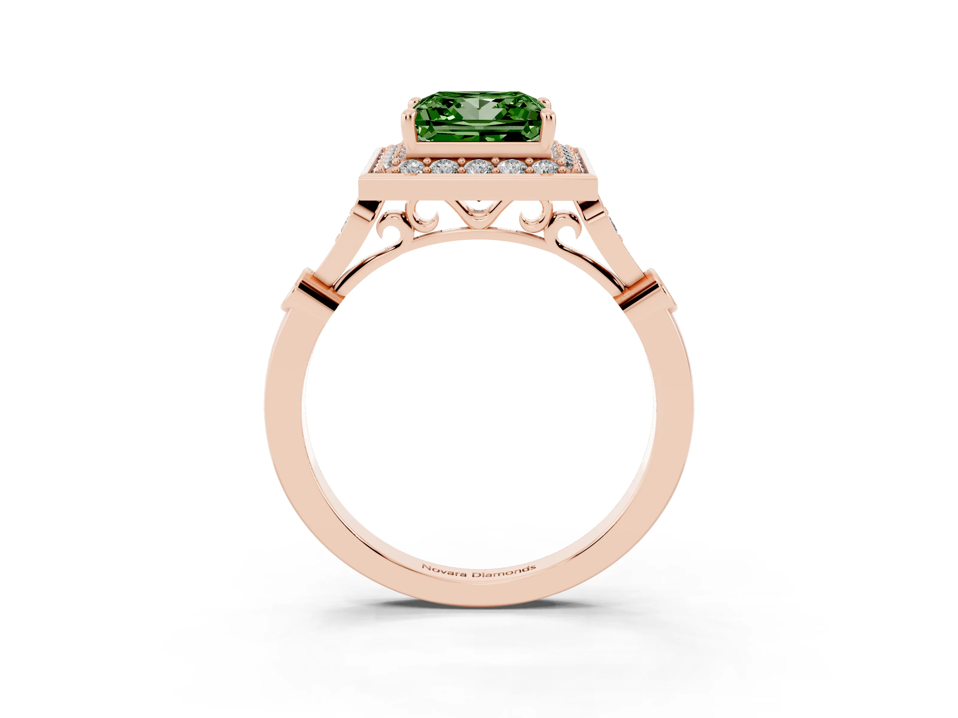 Fancy Green Princess Cut Diamond Halo Engagement Ring Set in Rose gold with Twisted Band and Prong Setting