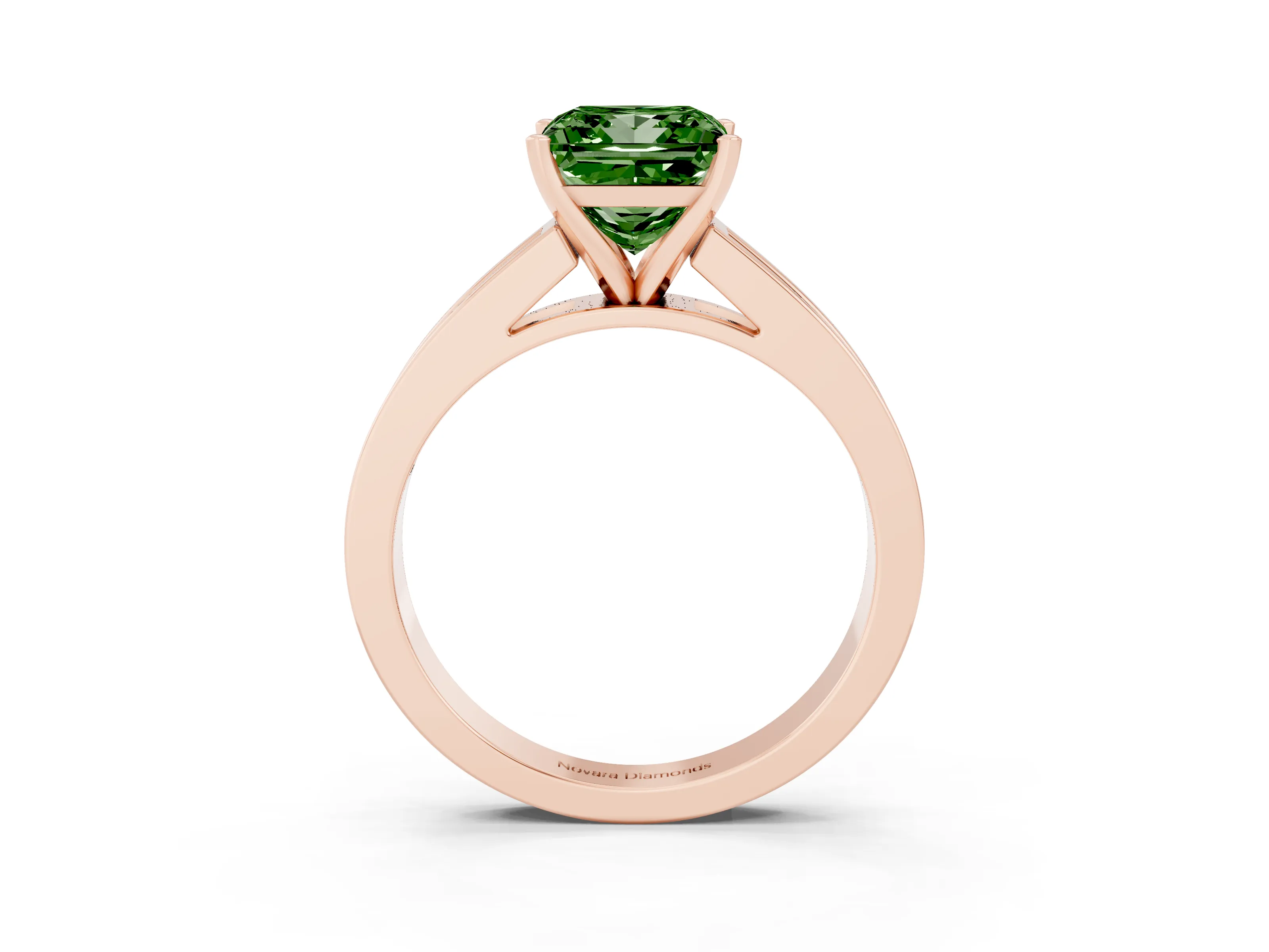 Fancy Green Princess Cut Diamond Solitaire Ring Set in Rose gold with Channel-Set Band and Prong Setting
