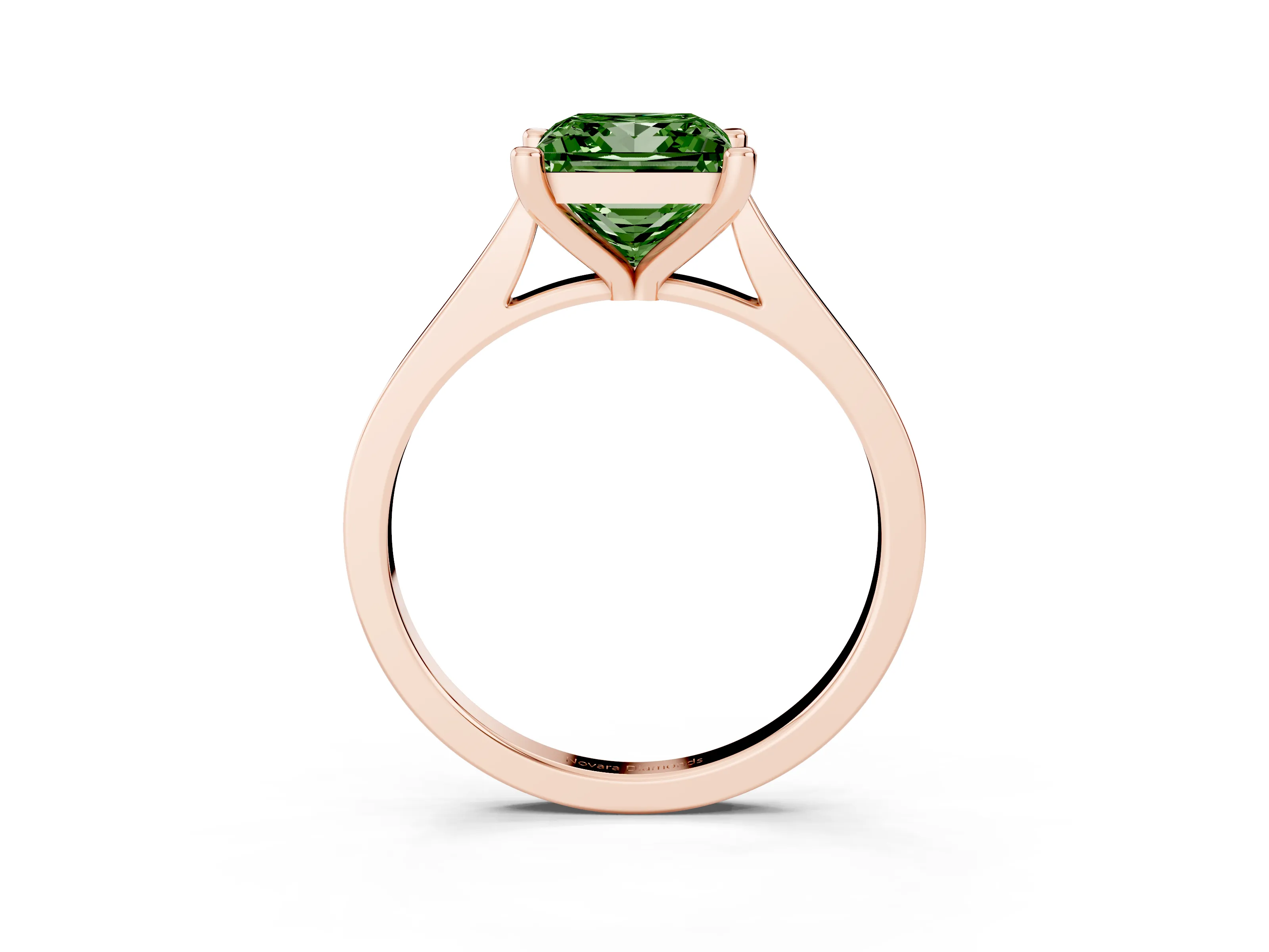 Fancy Green Princess Cut Diamond Solitaire Ring Set in Rose gold with Prong Setting and Tapered Band