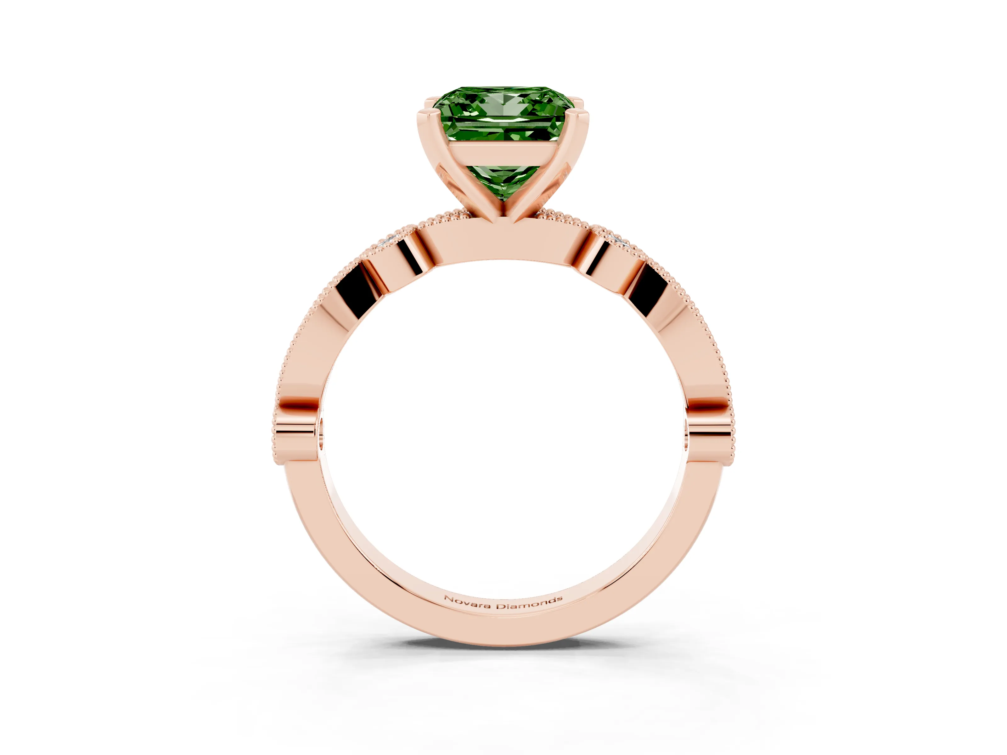 Fancy Green Princess Cut Diamond Solitaire Engagement Ring Set in Rose gold with Milgrain Bezel Accent Band