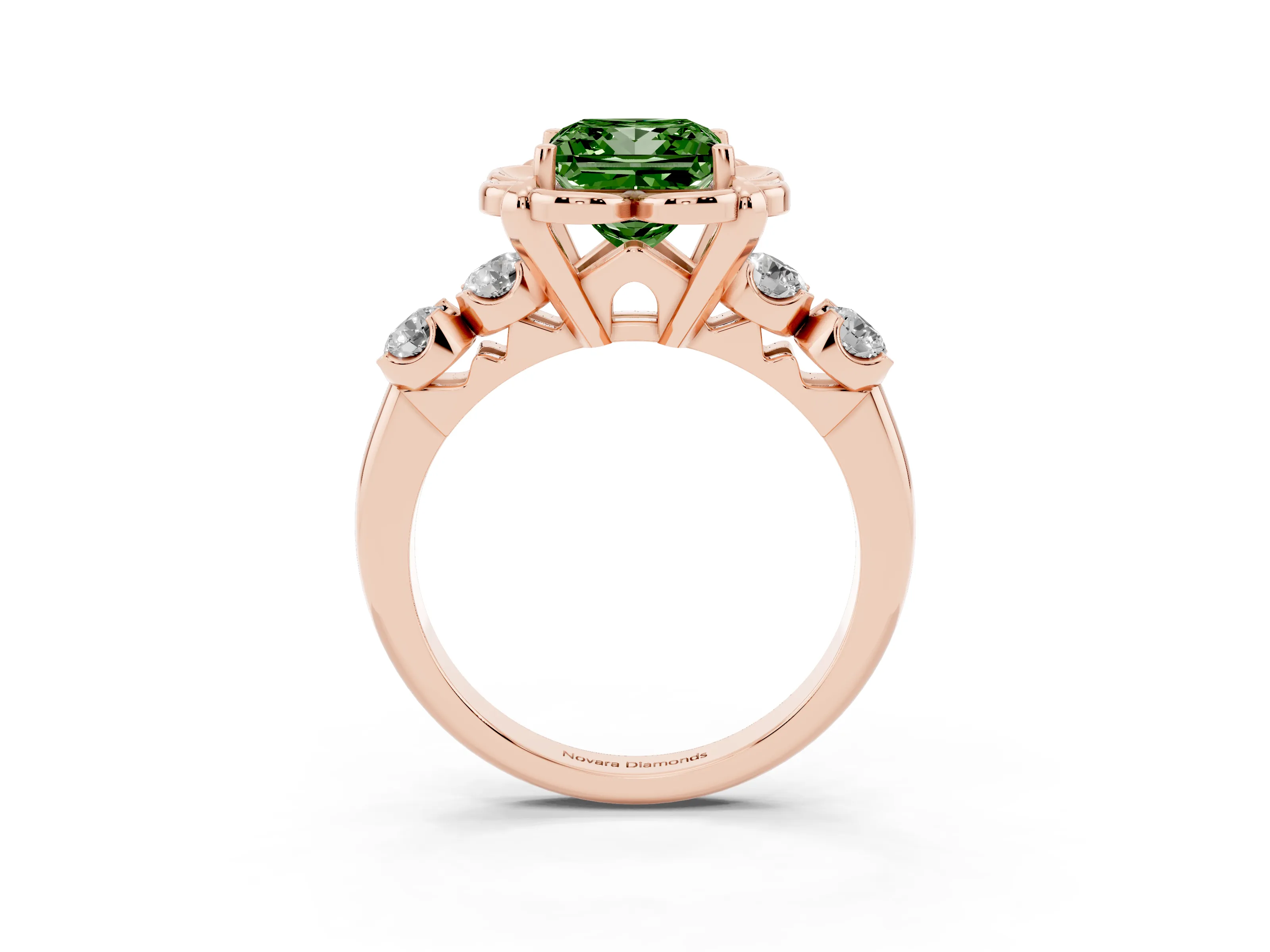 Fancy Green Princess Cut Diamond Floral Halo Ring Set in Rose gold with Shared Prong Band
