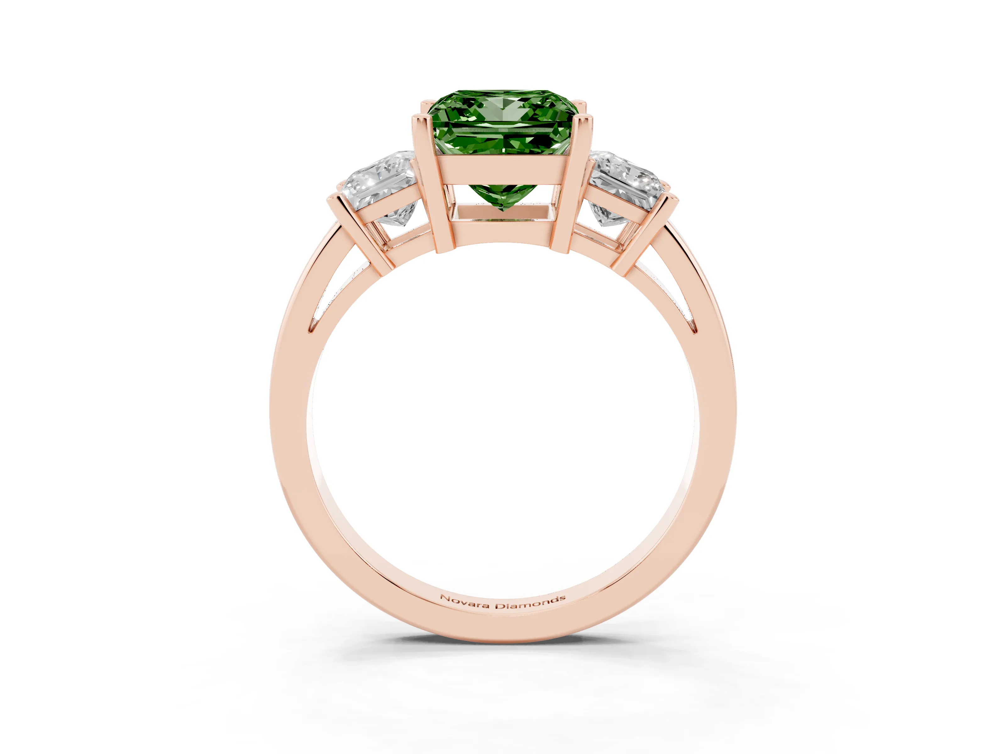 Fancy Green Three-Stone Princess Cut Diamond Solitaire Ring Set in Rose gold with Prong Setting