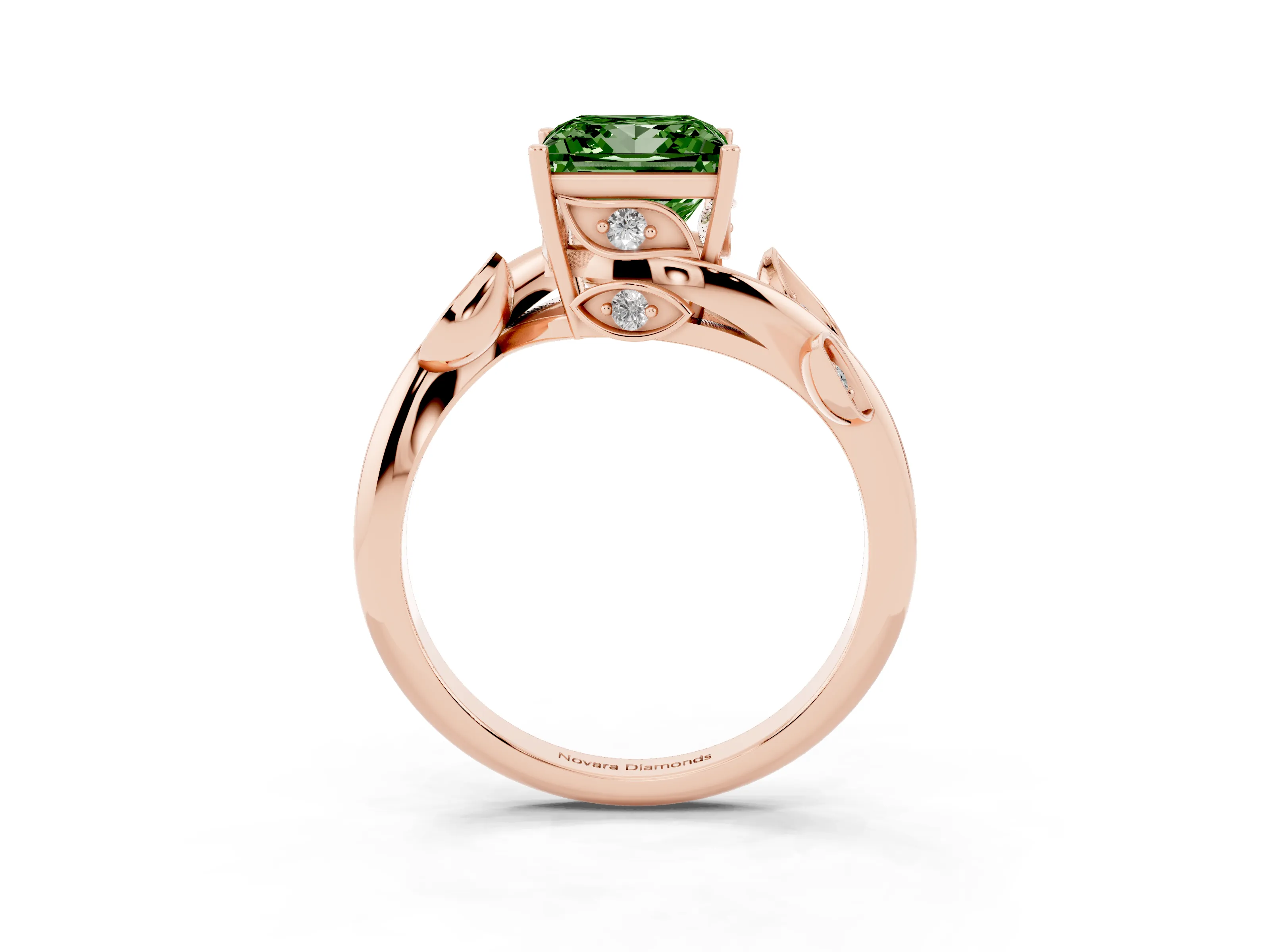 Fancy Green Princess Cut Diamond Solitaire Twist Engagement Ring Set in Rose gold with Pavé Leaf Accents